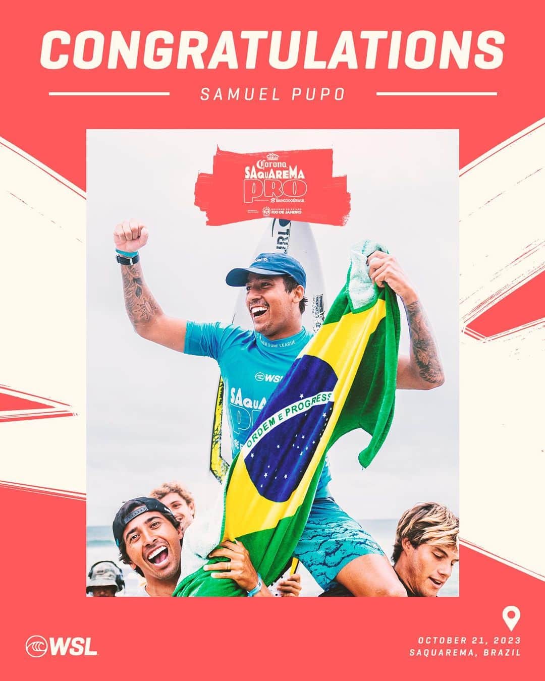 世界プロサーフィン連盟（WSL）のインスタグラム：「Congratulations @samuel_pupo, winner of the @corona #SaguaremaPro! 🏆 @bancodobrasil」
