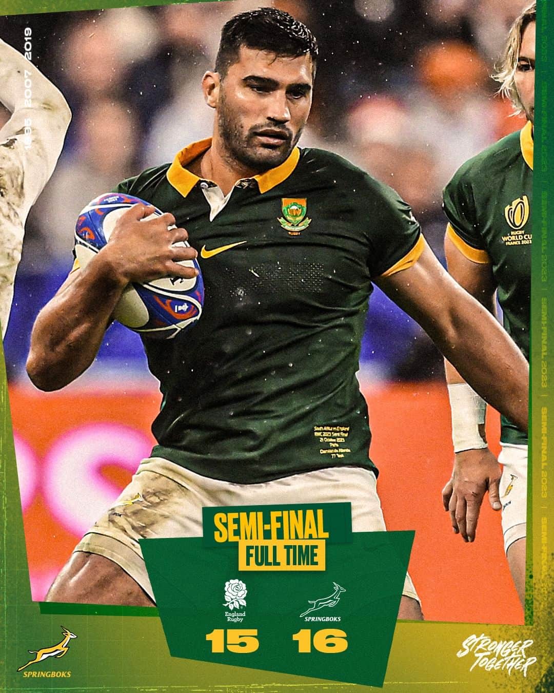 ラグビー南アフリカ代表のインスタグラム：「It's over in Paris! What a game, we go again next week in the #RWC2023 final. Thanks for an amazing contest @englandrugby 🇿🇦🤝 #StrongerTogether #Springboks #RWC2023 #RSAvENG」