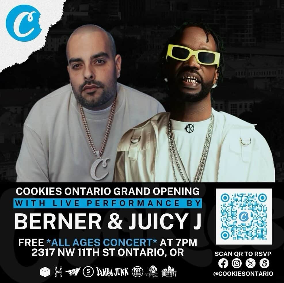 ジューシー・Jのインスタグラム：「Pull up to the @CookiesOntario Grand Opening TODAY (Saturday, October 21st).  I’ll be performing live with @Berner415. Don’t miss this history making opportunity moment in Ontario, Oregon!」