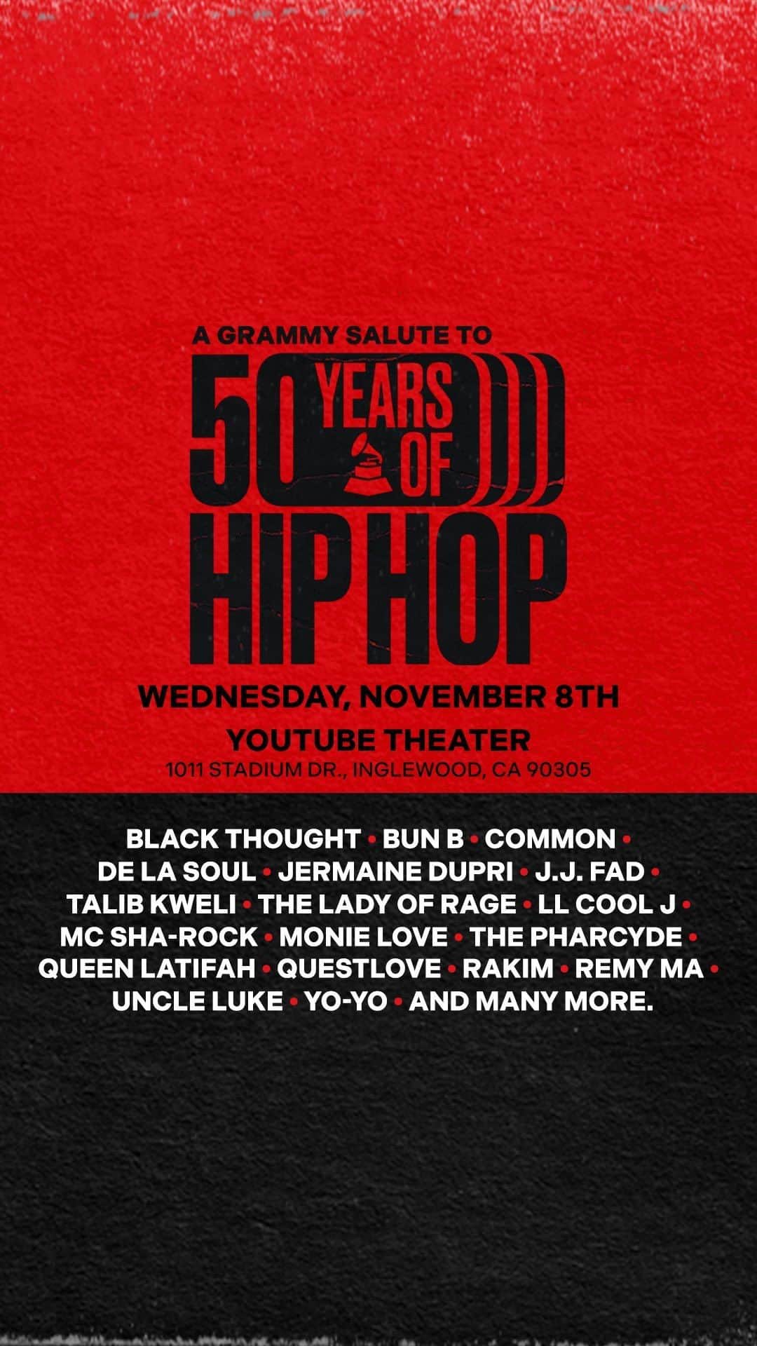 The GRAMMYsのインスタグラム：「🎤 Get ready for an unforgettable journey through 50 years of hip-hop history! On November 8, 2023, the @YouTubeTheater will be the stage for the Recording Academy and @CBStv GRAMMY Salute to 50 Years of Hip-Hop.  ✨ Join us as we pay homage to the roots and evolution of hip-hop with performances by iconic figures like @BlackThought, @BunB, @Common, @JermaineDupri, @LLCOOLJ, @QueenLatifah, @thegodrakim, and more.  🎟 Get your tickets now at the link in our bio. #GRAMMYSaluteHipHop50」