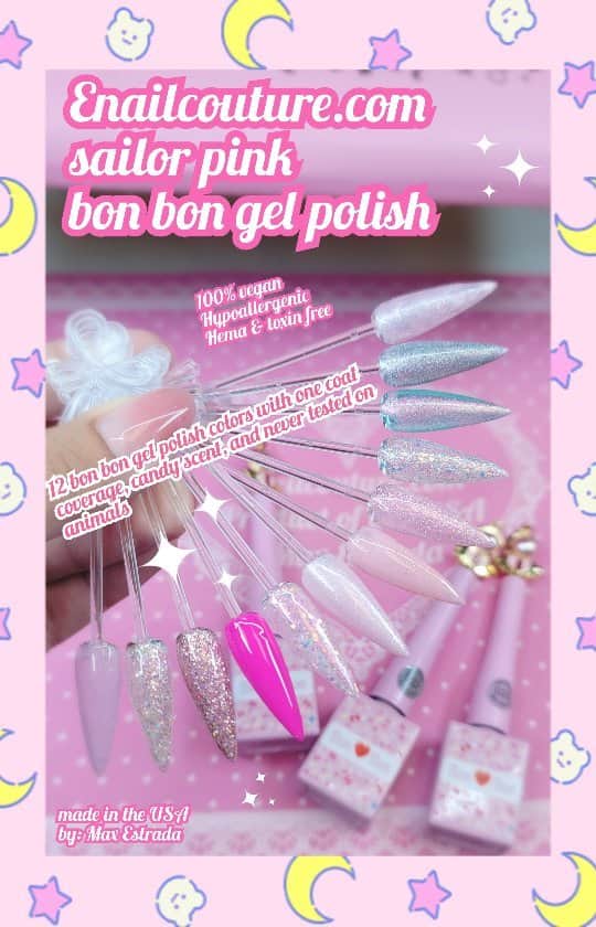 Max Estradaのインスタグラム：「Enailcouture.com new sailor pink bon bon gels  Enailcouture.com new black label 123go nails,  the next level full coverage pre made gel nails,  15 sizes from 00 to 13. Thin cuticle area and thicker tip for the perfect look and pre etched so no extra steps ! Made in the usa #nailsnailsnails #nails #nailsdesign #nailart #nails #nailsart #fyp」