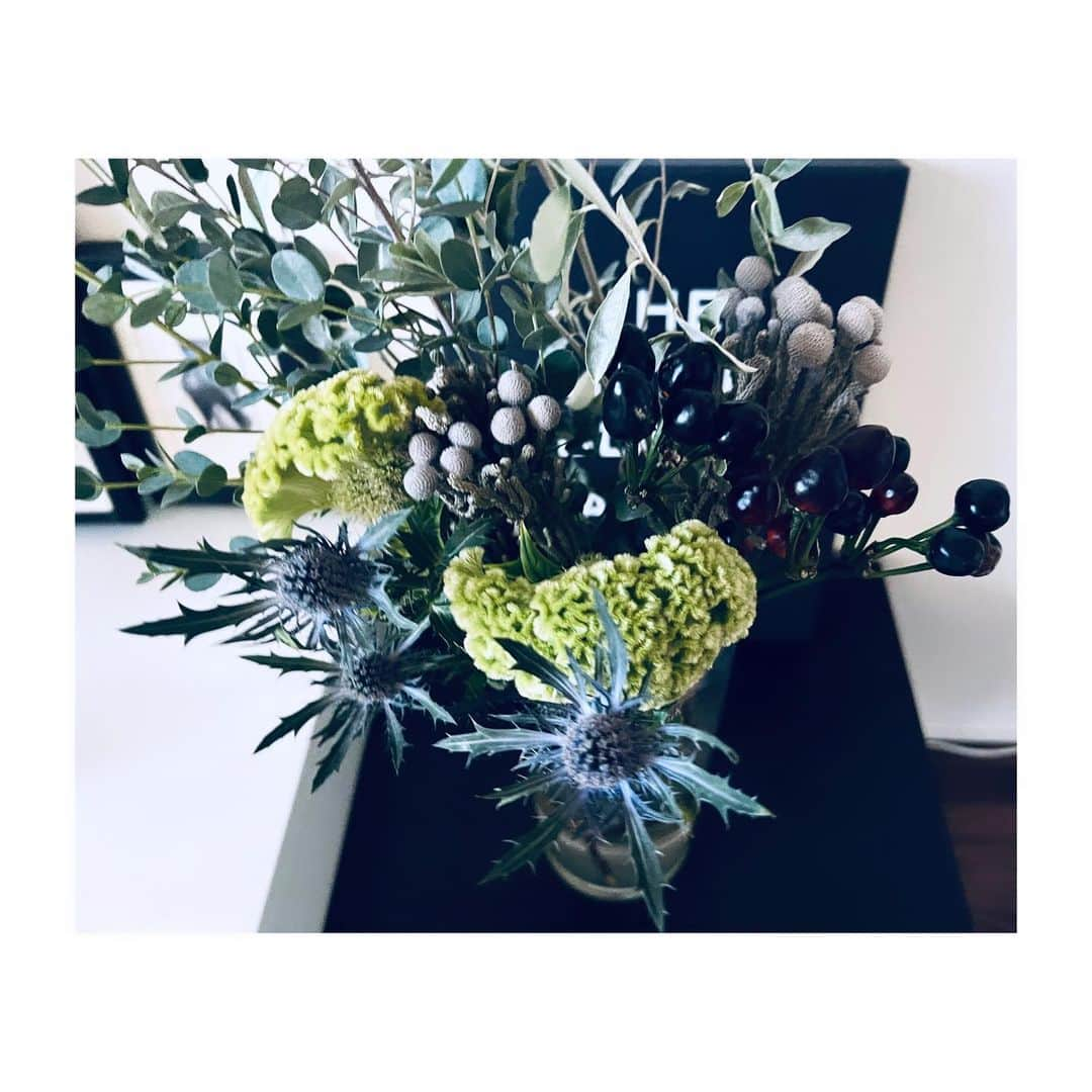 室井由美子のインスタグラム：「Love shabby chic colors🪻🩶 ・ #今週のお花  #ケイトウ #アザミ #ユーカリetc. #interior #interiordecor  #flowers #flowervase  #plants #green #autumn」