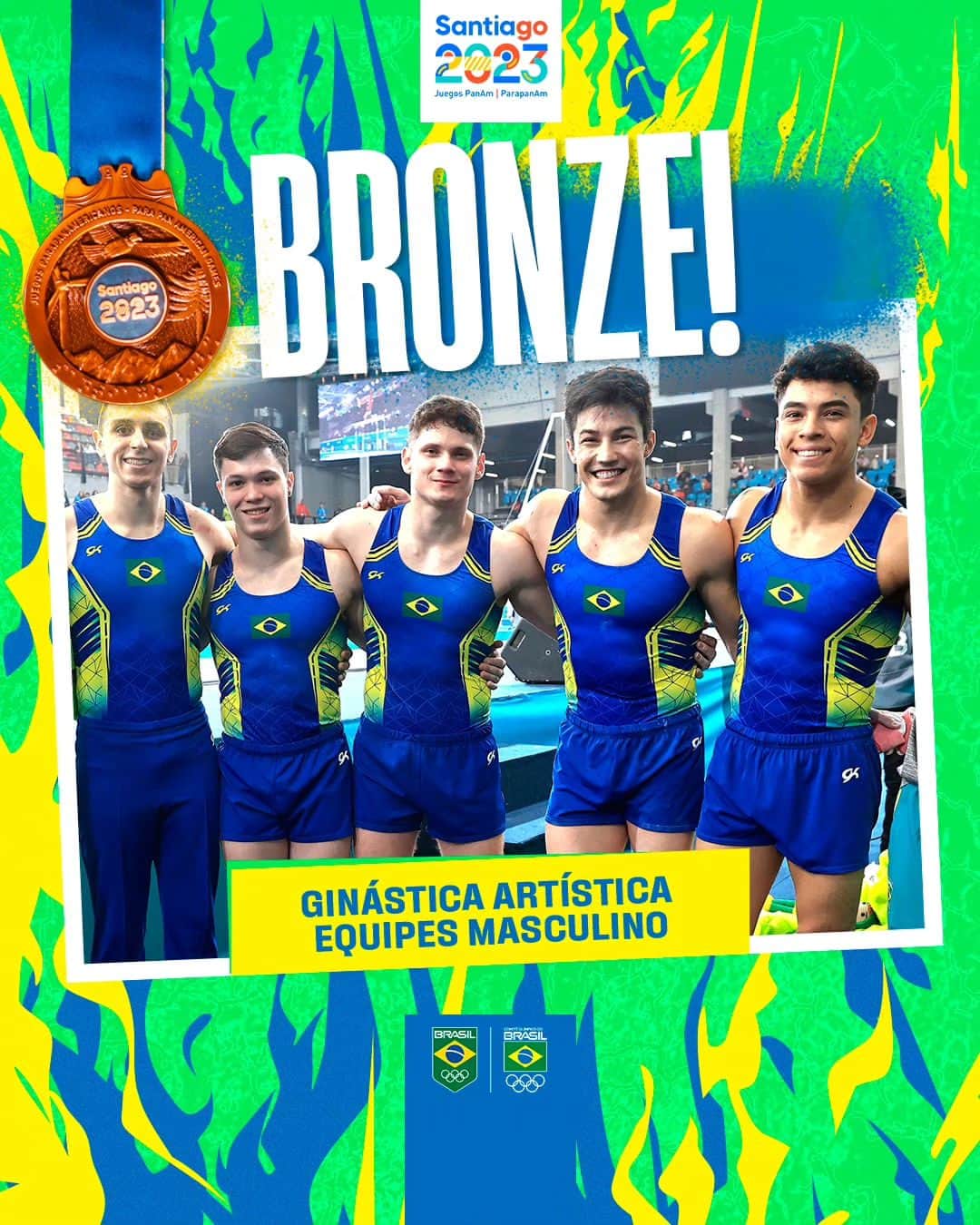 アルトゥール・オヤカワ・マリアノのインスタグラム：「GAROTOS DE BRONZE! 🥉  O Time Brasil de Ginástica Artística Masculina conquista a medalha de bronze por equipes nos Jogos Pan-americanos Santiago 2023! 🇨🇱  Nossa seleção manda muito bem e soma 245.394 pontos. É só o começo! 💚💛  📸: @rbufolin /CBG  Jogos Pan-americanos Santiago 2023 AO VIVO ▶️: YouTube.com/TimeBrasil 📺: canalolimpicodobrasil.com.br  #TimeBrasil #TimeBrasilEmSantiago #Santiago2023 #GinásticaArtística」