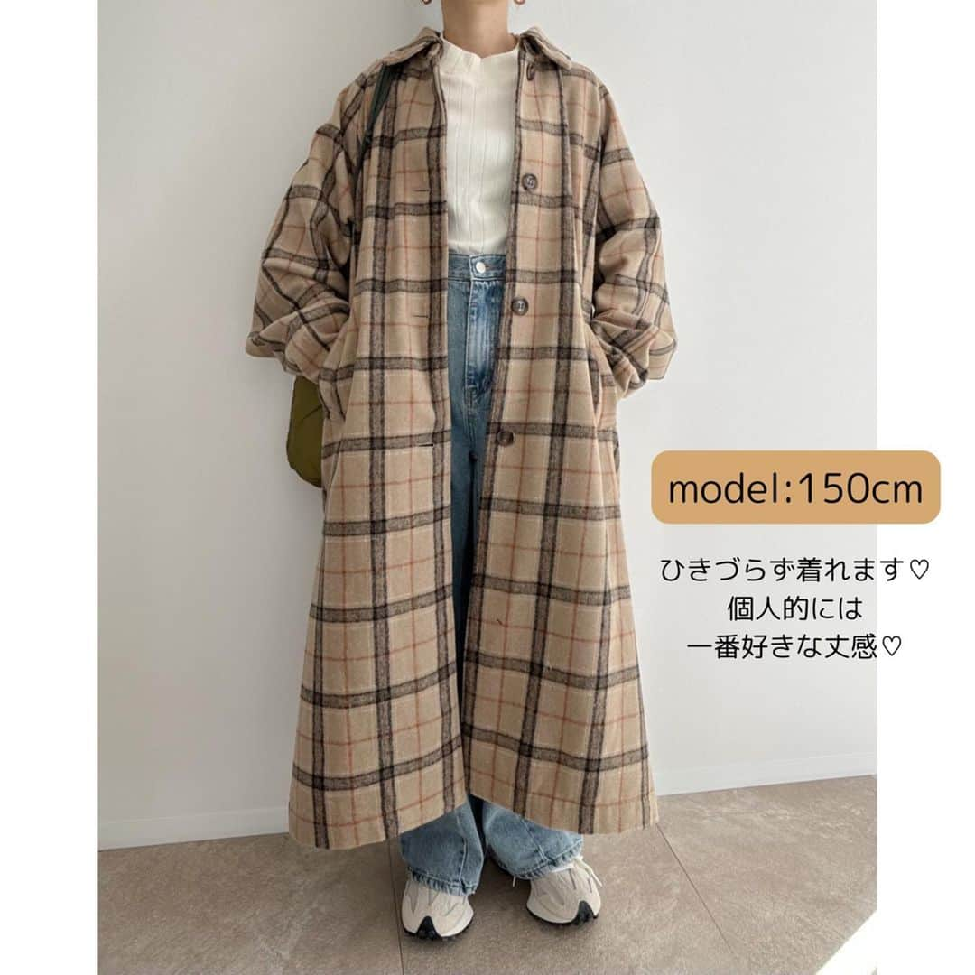 selectshop amieさんのインスタグラム写真 - (selectshop amieInstagram)「起毛チェック 3wayカラー ロングコート ¥9900-  裏地付きです。 衿取り外し可能です。別布付替え衿もセット。 袖口折り返し可能です◎  重すぎなく気軽に羽織れる1枚です☺︎  size //  平置きサイズ  着丈　約118㎝ 身幅　約60㎝ 袖丈　約77㎝  model身長 // 150cm  素材// 表地　ポリエステル58％　綿15％　レーヨン15％　アクリル5％　ナイロン4％　毛3％　 裏地　ポリエステル100％　 別布　ポリエステル99％　ポリウレタン1％  ---✂︎-----✂︎-----✂︎--- 低身長向けのお洋服 販売しております❤︎ @amie__1201  ぜひフォローお願いします☺︎ ---✂︎-----✂︎-----✂︎---  #低身長コーデ #低身長 #低身長ファッション #低身長女子 #低身長ママ  #プチプラコーデ #150cmコーデ #30代コーデ #おちびコーデ #148cmコーデ #149cmコーデ  #春コーデ #春服 #小柄コーデ #小柄女子 #小柄ファッション #小柄ママ #大人女子コーデ #低身長大人女子 #アラフォーママ #アラフォーコーデ #サイドカットデニム」10月22日 9時35分 - amie__1201