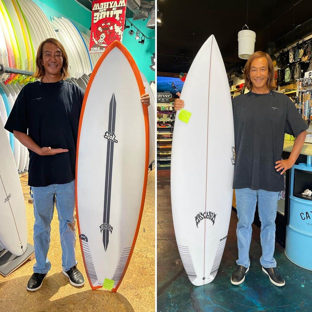 北紺守彦さんのインスタグラム写真 - (北紺守彦Instagram)「I got two new surfboards  嬉しい🤗  🇺🇸🏄‍♂️本場カリフォルニアには  最新の板が沢山あるので 選ぶのが難しいけど やっぱりLOSTだね❗️ 世界No1シェイパー MAYHEM 地元の板だし 周りは みんな乗ってるし サンクラメンテの本店にも近い ここは 板がいっぱいあるね！(◎_◎;)  LOSTのサーフボードに乗るのは20年ぶり あの頃はSpeed Demonという板を乗ってました😜 懐かしい🏄  周りのアドバイスや情報から…この2本  RNF 96 Light speed  5.8  20.25 2.46  32.00L  Sub Driver 2.0(PU)  5.11  19.38  2.38 29.25L  🌊あとはオーバーヘッド用の板が欲しいなぁ お勧めあったら教えてください  サーフィンは👦童心に戻れるスポーツ 社会に出ると 大人になるのは簡単だけど😆 子供心を持ち続けるのは難しいよね サーフィンしてると 海からエネルギーをもらい 波に乗ることで心身がリフレッシュされるので  健康にもなれますね🏄  上手くなれば さらに最高なんだけど🤗 この板で 頑張ります  #new  #surfboard  #lost  #driver  #rfn  #sanclemente  #twinfin」10月22日 9時38分 - morihiko.kitakon