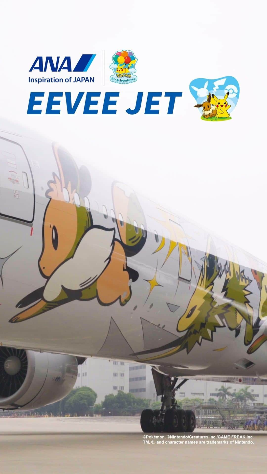 All Nippon Airwaysのインスタグラム：「The Eevee Jet NH is the second aircraft in ANA's tie-up with #PokémonAirAdventures!  Check out this behind-the-scenes look of the jet being painted!!  #Pokémon #PikachuJet #EeveeJet」