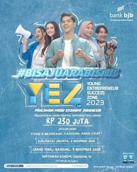 Al Ghazali Köhlerのインスタグラム：「bank bjb proudly present   ✨YEZ (Young Entrepreuner Success Zone) 3.0✨  Hai Pahlawan Muda Ekonomi Indonesia!   dalam rangka Hari Sumpah Pemuda dan Hari Pahlawan, ketemu lagi di kompetisi bergengsi dari bank *bjb* untuk kamu para wirausaha muda kebanggaan Indonesia 🇮🇩  Buat kamu punya usaha di bidang  🍛🍹Food & Beverage 👚👖Fashion 🧶🪡 Handcraft  Dan mau usahanya naik kelas 📊📈  yuk ikutan kompetisi YEZ by bank *bjb* sekarang !  Selain bisa mendapatkan ilmu yang berharga di podYEZ dgn narasumber Deriansyah (@kasisolusi), pemenang juga bisa dapat hadiah uang tunai dgn total senilai *230 juta* 💰😲🤩  Tunggu apalagi 🤔🤔 Kami tunggu pendaftaran kamu sampe tanggal 30 oktober 2023 🤗  Sampai ketemu di  ⭐️YEZ 3.0 Kota Jakarta⭐️ 🗓️ 06 November 2023 📍Pos Bloc, Jakarta   🏆Grand Final🏆 🗓️ 09 November 2023  📍Bandung   Daftarkan Bisnismu Sekarang di : infobjb.id/yez 👈🏻  YEZ #BisaJuaraBisnis Download DIGI & DigiCash Now!  Info lebih lanjut : infobjb.id/yez  #DIGI #DigiCash #SemuaBisa  #GenerasiDIGI #BisaJuaraBisnis」