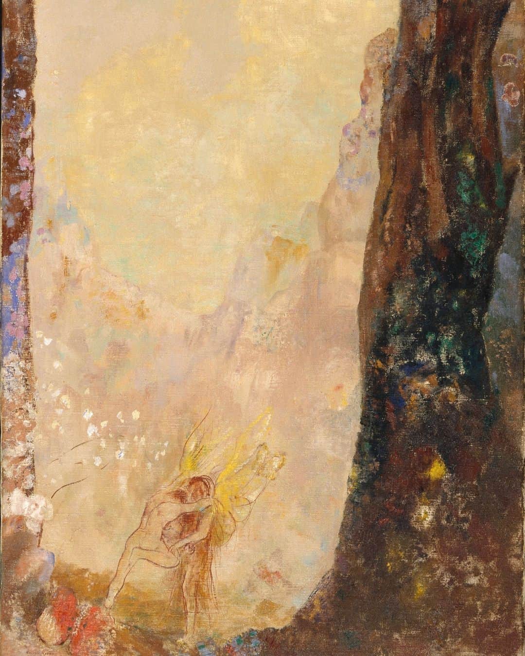 のインスタグラム：「Like a moment from a dream…🧚⁠ ⁠ Odilon Redon’s dreamlike painting portrays the biblical story of Jacob Wrestling with the Angel. Emphasizing the narrative's visionary qualities, the artist places the two figures at the bottom of the canvas, between towering trees and a colorful sky. Redon was one of many artists at the end of the nineteenth century who, as he described, freed himself from "the encumbrances of naturalistic particularities" in favor of "the representation of imagined things." ⁠ ⁠ See these unencumbered details up-close in Monet to Morisot: The Real and Imagined in European Art!⁠ ⁠ 🖼️ Odilon Redon (French, 1840–1916). Jacob Wrestling with the Angel, circa 1905–10. Oil on canvas, 56 1/2 × 24 1/2 in. (143.5 × 62.2 cm). Brooklyn Museum; Bequest of Alexander M. Bing, 60.31. (Photo: Brooklyn Museum)⁠ ⁠ #BrooklynMuseum #Brooklyn #Museum」