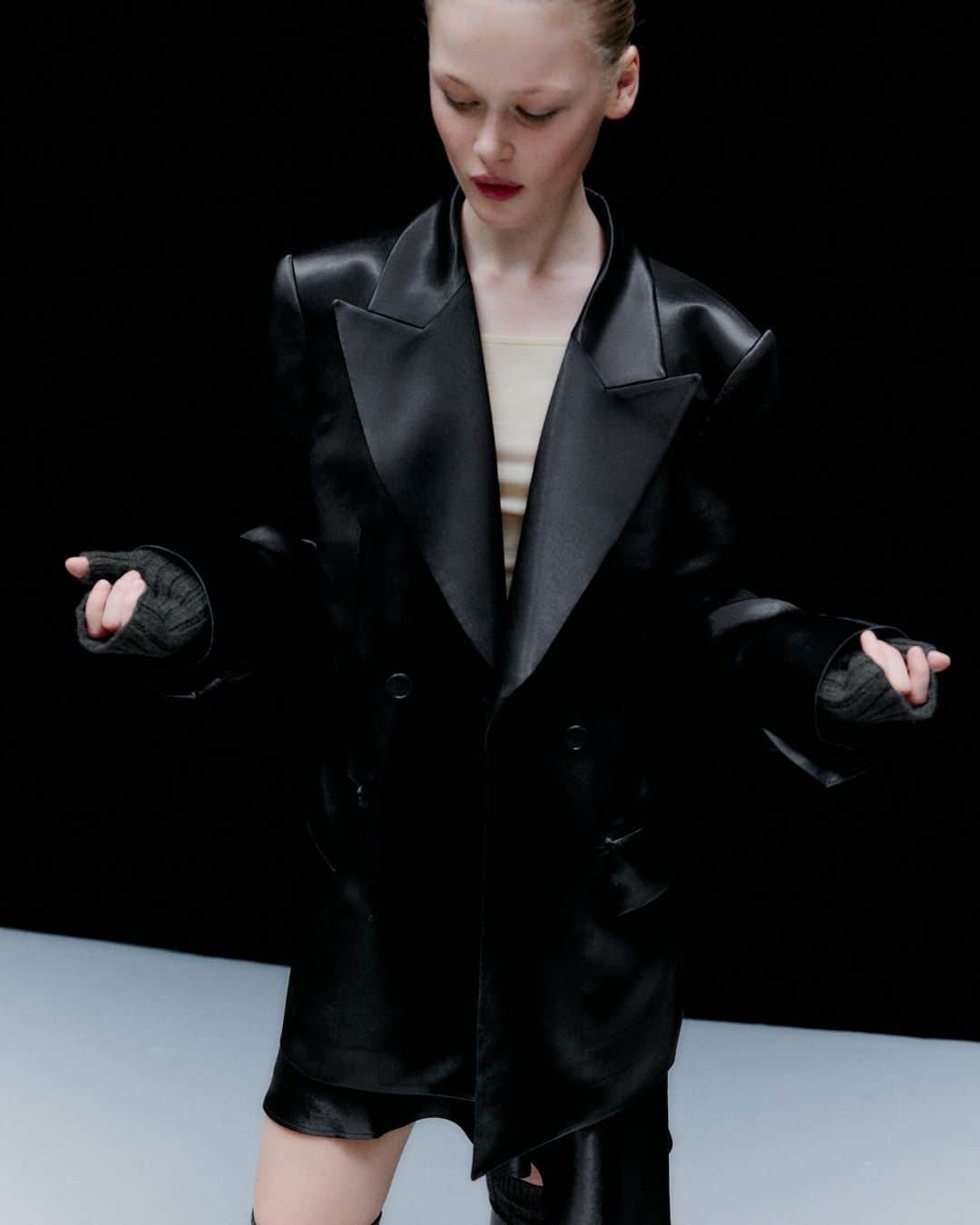 ARKETのインスタグラム：「This double-breasted blazer with crafted from a lustrous satin weave. Designed with oversized peak lapels, shoulder pads and welt pockets with flaps. Explore all of our newest arrivals: link in bio. - #ARKET」