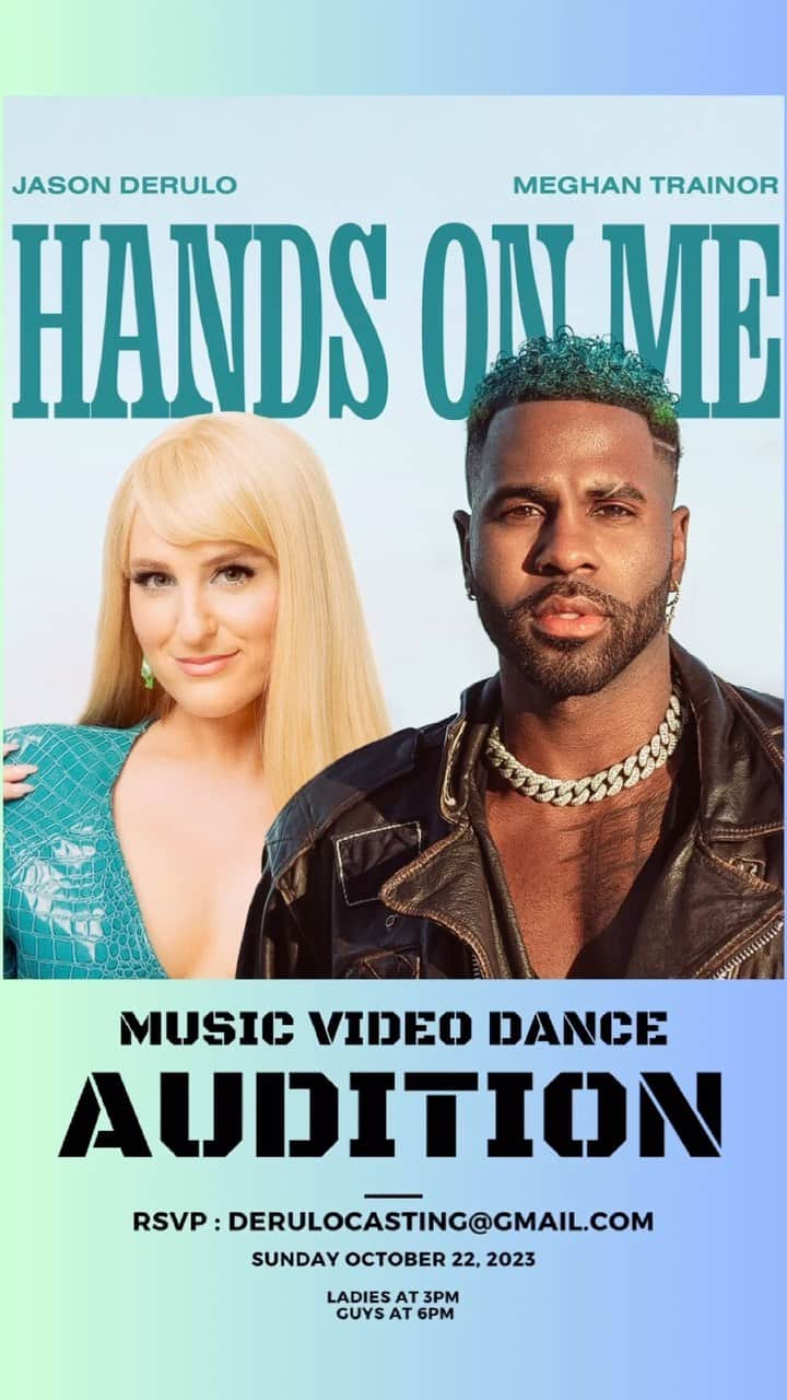 ジェイソン・デルーロのインスタグラム：「LA!  We are holding an audition for Jason Derulo ft Meghan Trainer music video TODAY October 22nd. Rehearsal 10/23 and Shoot on 10/24 …Must be completely available for both days. LOOKING FOR GIRLS AND GUYS. All ethnicities and heights.   Location : Rsvp at derulocasting@gmail.com Time : 3pm ladies  check in starts @ 2:30   6pm guys . Call back happens right after  Rates: SAG」