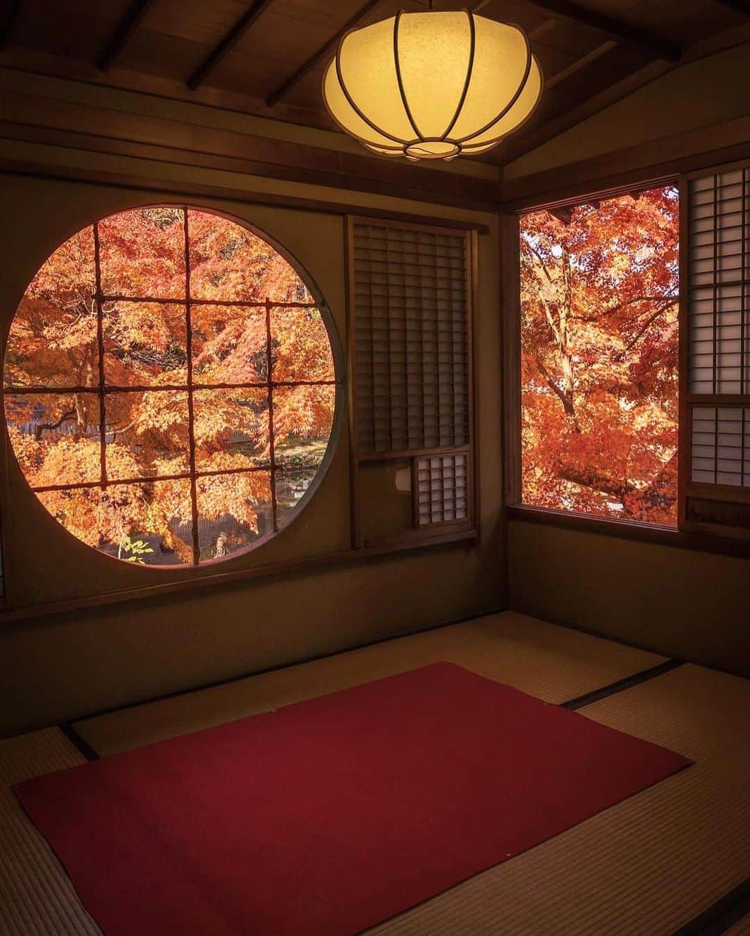 のインスタグラム：「// Photo by @taka.m888  景色をきりとる 「山寺常山邸」 ＠長野市  施設内を自由に見学することができる「山寺常山邸」   池を持つ美しい庭園や、 渡り廊下でつながる書院など、 その意匠性の高さから 近代和風建築の秀作と評されています 😀✨️  円形の窓から覗く赤や黄色の紅葉は、 絵画のような美しさでもてなしてくれますよ🍁✨️  ＝＝＝＝＝＝＝＝＝  Yamadera Jozan Residence (Nagano City)  This was once the residence of Yamadera Jozan, a samurai of the Matsushiro Clan, which was ruled by the Sanada family during the Edo Period.  With its beautiful landscape garden and traditional study, it is regarded as a masterpiece of modern Japanese architecture.  In autumn, you can enjoy the scenery of vivid red foliage from the circular study window.  ＿＿＿＿＿＿＿＿＿　  Location / Nagano City , Nagano , Japan   #おうちでながの #長野のいいところ #山寺常山邸 #長野市  ＿＿＿＿＿＿＿＿＿  🍁インスタアワード秋冬⛄作品募集中📷  #長野の列車旅秋冬 撮影場所(長野県内に限ります) をキャプションに入れて 応募期間（10/16～1/31）に投稿してください。 優秀作品に選ばれると 長野県特産品セットをプレゼント🎁」