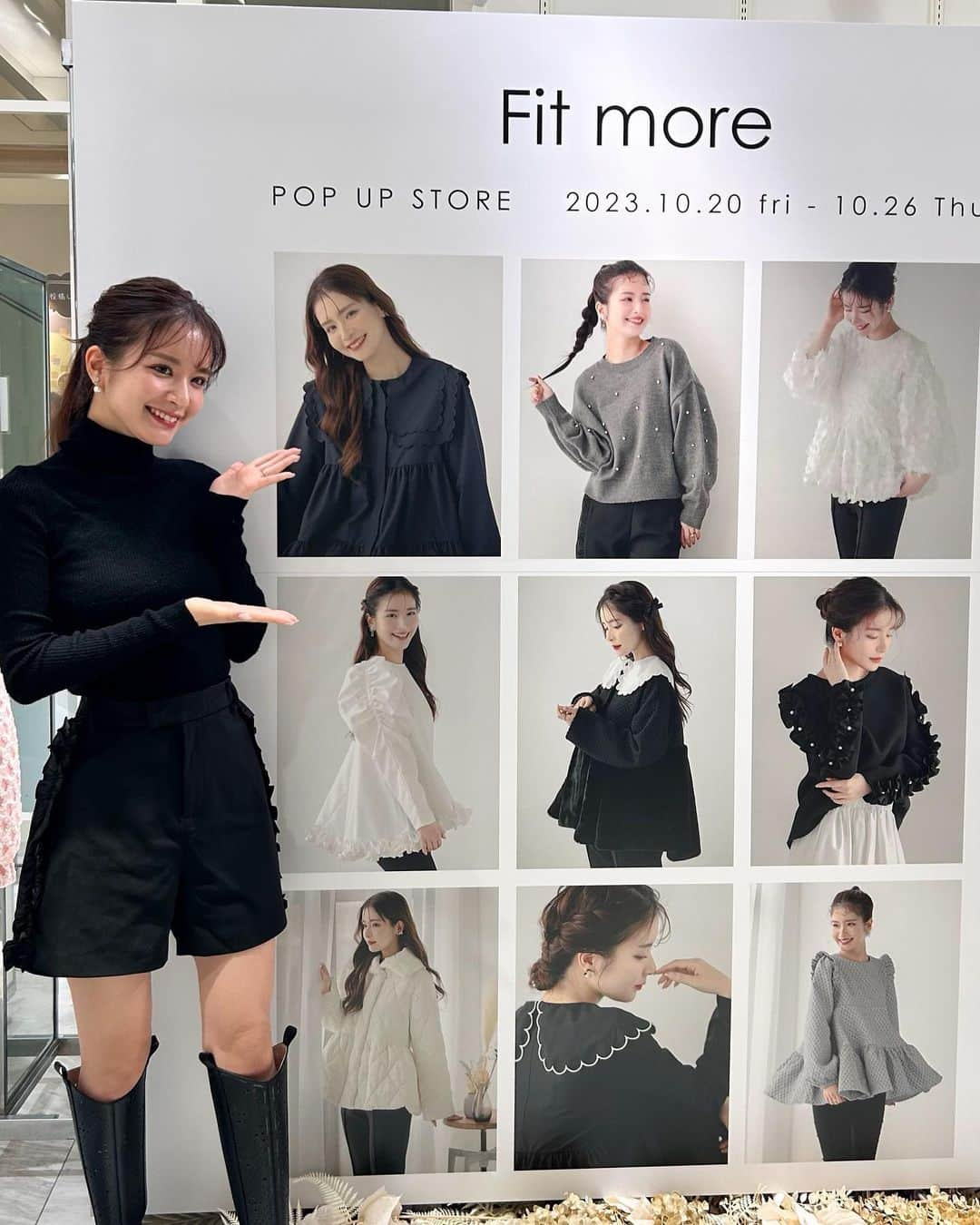 畔勝遥のインスタグラム：「・  @fitmore.official_  𝑷𝑶𝑷 𝑼𝑷 𝑺𝑻𝑶𝑹𝑬🛍❤︎  🗓10/20~10/26  📍 LUCUA1100 2F   初日に行ってきました〜♥️  畔勝がいっぱいのパネルで記念撮影🫣📸 嬉しいなぁ🫶🫶  私のお気に入りの服は 入口のパネルの写真で着用してる エコファードッキングペプラムコート🧥💖  木曜日まで開催されているので皆様是非( ˶ˆ꒳ˆ˵ )✨  #POPUP #lucua1100  #ルクアイーレ #フィットモア #fitmore #pr」