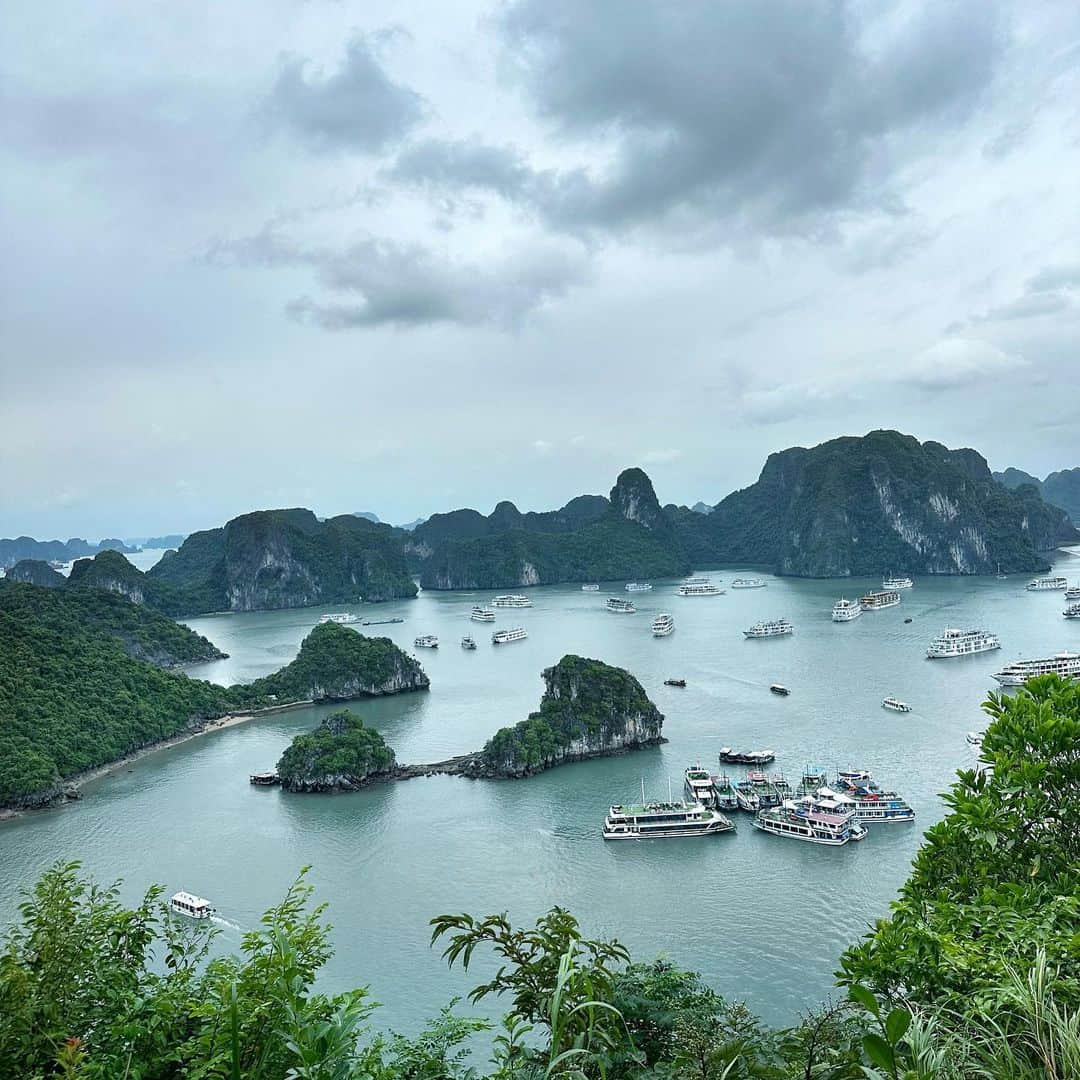 市原彩花さんのインスタグラム写真 - (市原彩花Instagram)「Ha Long bay🇻🇳 This is a world heritage site in Vietnam!  世界遺産　ハロン湾🇻🇳 初めてのハノイに来てるよ〜😊 1日ツアーでハロン湾クルーズも行ってきた⛴️ 曇ってたけど来れて良かった🫰  安かったから @kkdayjp のツアーでハノイから行ったよ🚌 世界中のツアーで使えるクーポンリンク、ストーリーに貼っとくね✈️ この時期は夜涼しい&バスも冷房しかないので上着忘れずに〜🌃 片道3時間かかるからNetflixダウンロードしとこ👌  #ハロン湾#ハロン湾クルーズ#ハノイ#ハノイ旅行#ハノイ観光#ベトナム#ベトナム旅行#vietnam#vietnamtravel#hanoi#hanoitravel#halongbay#halongbaycruise#海外旅行#世界遺産#worldheritage」10月22日 19時06分 - ayaka_ichihara