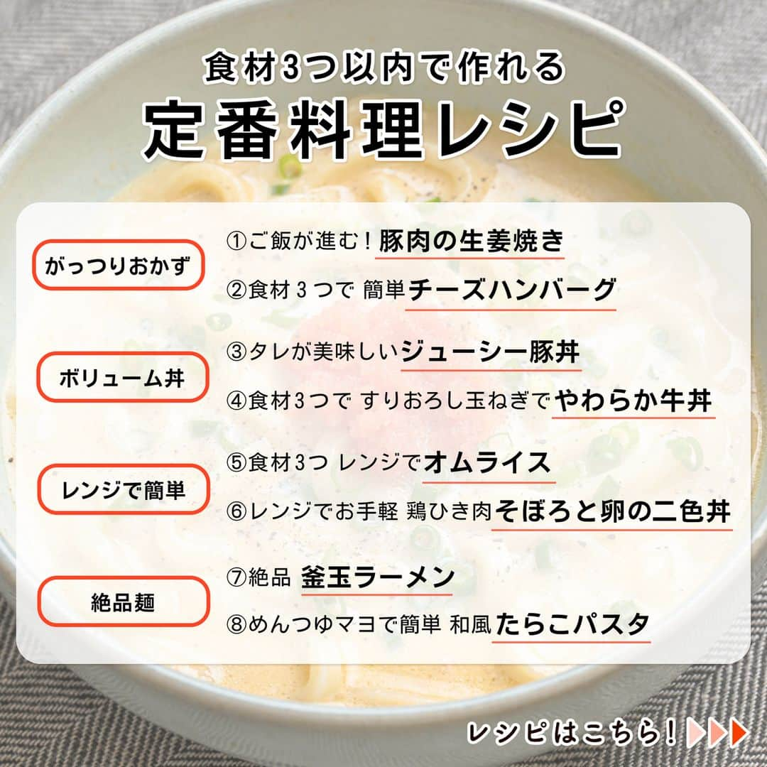 KURASHIRUさんのインスタグラム写真 - (KURASHIRUInstagram)「※保存しておくとあとで見返せます👆 食材3つ以内で作れる 「定番料理」レシピ8選  ①ご飯が進む！豚肉の生姜焼き ②食材3つで 簡単チーズハンバーグ ③タレが美味しいジューシー豚丼 ④食材3つで すりおろし玉ねぎでやわらか牛丼 ⑤食材3つ レンジでオムライス ⑥レンジでお手軽 鶏ひき肉そぼろと卵の二色丼 ⑦絶品 釜玉ラーメン ⑧めんつゆマヨで簡単 和風たらこパスタ  「材料・手順」は投稿文をチェック↓   ————————————————————  初心者さんでも作れる！ 簡単・時短レシピを毎日発信中👩🏻‍🍳🍳 @kurashiru のフォローをお願いします✨  参考になったという方は「保存🔖」 美味しそうって思った方は「いいね♥︎」してね!   ————————————————————   ———————————————————— ①ご飯が進む！豚肉の生姜焼き  【材料】 2人前 豚ロース（薄切り）　　　300g 薄力粉　　　　　　　　　大さじ1  ----- たれ ----- すりおろし生姜　　　　　大さじ2 しょうゆ　　　　　　　　大さじ2 砂糖　　　　　　　　　　大さじ1 料理酒　　　　　　　　　大さじ1 ごま油　　　　　　　　　大さじ1  ----- 付け合わせ ----- キャベツ　　　　　　　　150g  【手順】 キャベツは芯を切り落としておきます。 1. キャベツは千切りにします。 2. 豚ロースに薄力粉をまぶします。 3. ボウルにたれの材料を入れて混ぜ合わせます。 4. 中火で熱したフライパンにごま油をひき、2を入れて焼きます。豚ロースに火が通り、両面にこんがりと焼き色が付いたら3を入れます。 5. 中火で炒め合わせ、全体に味がなじんだら火から下ろします。 6. お皿に1、5を盛り付けて完成です。  【コツ・ポイント】 ごま油は、サラダ油でも代用いただけます。 豚ロースは、お好みの部位に代えてもお作りいただけます。   ————————————————————   ———————————————————————————— 他のレシピは、後日「コメント欄」に掲載します！ ぜひ「保存」してお待ちください✨  ————————————————————————————  #クラシル #クラシルごはん #料理 #レシピ #時短 #簡単レシピ #手料理 #献立 #おうちごはん  #手作りごはん #今日のごはん #朝ごはん #昼ごはん #ランチ #夜ごはん #晩ごはん #節約ごはん #節約レシピ #管理栄養士 #管理栄養士監修 #定番料理 #生姜焼き #ハンバーグ #豚丼」10月22日 23時01分 - kurashiru