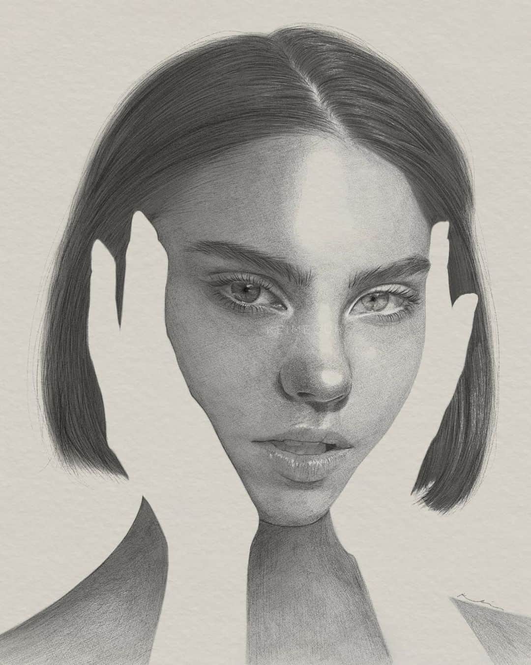 目黒ケイのインスタグラム：「Justify your laziness by saying dEeP things like “less is more” or “the effect of negative space”. When in fact, the thought of having to draw hands just gave you anxiety so you found a way around it🤫😂 Work smarter not harder but also, play and experiment- making art isn’t always about being so serious.🤍  “Shadow Work” - Pencil and graphite on 13”x19” watercolor paper scanned and edited with @photoshop」