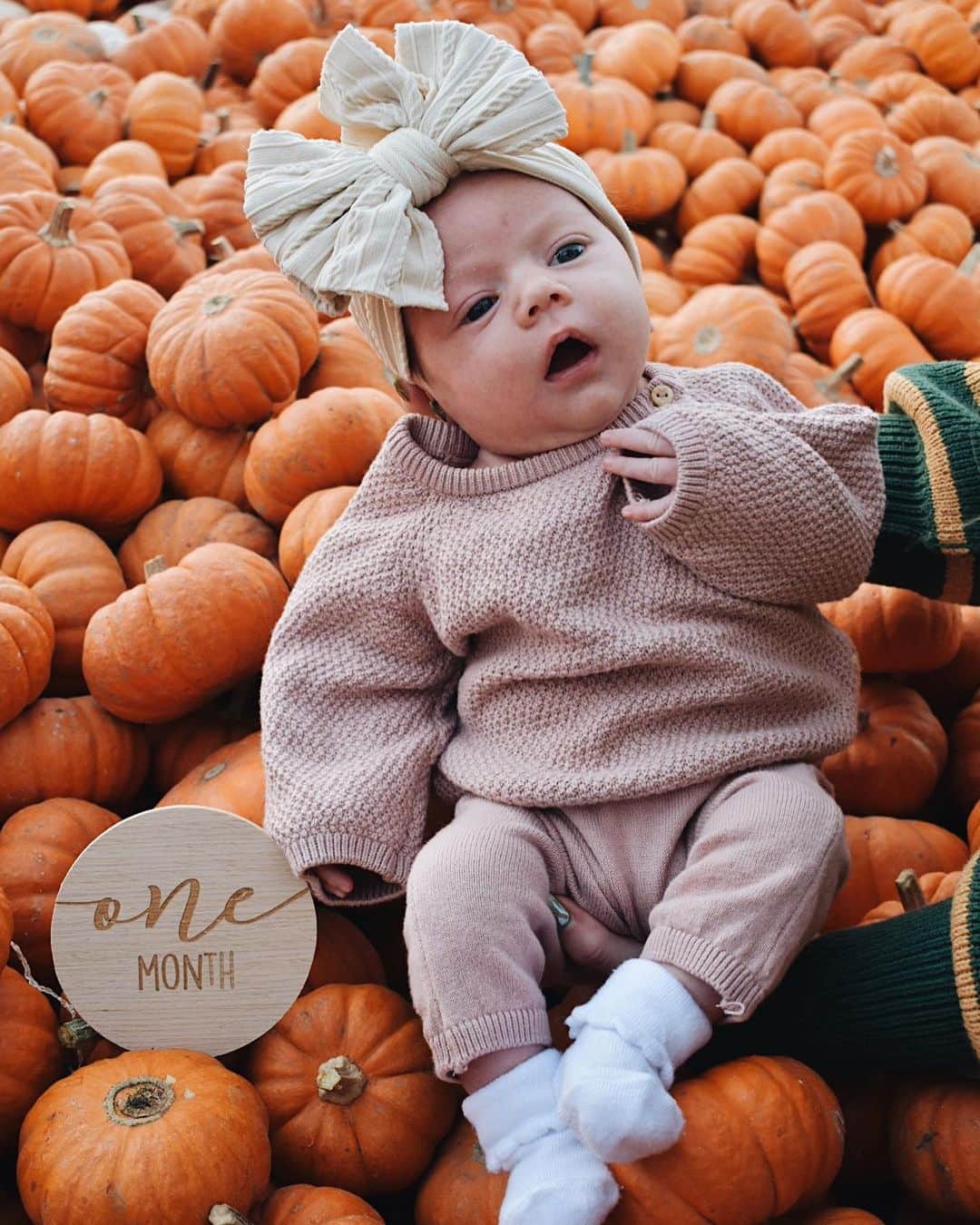 のインスタグラム：「Celebrated Lottie’s One Month at her first pumpkin patch yesterday!🧡」