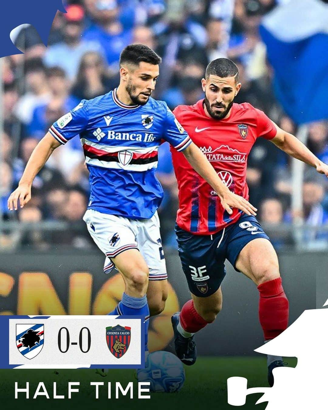 UCサンプドリアのインスタグラム：「⏸ HALF TIME  Equilibrio al “Ferraris”.   #SampCosenza 0-0 | #SerieBKT  #PerSemprePaolo  #ForzaDoria 🔵⚪️🔴⚫️⚪️🔵」