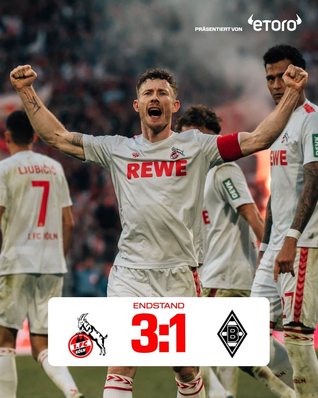 のインスタグラム：「Derbysieger FC, Derbysieger FC, DERBYSIEGER FC! 😍❤️🤍 ___ 🐐 3:1 🐎 (90.) #KOEBMG #effzeh」