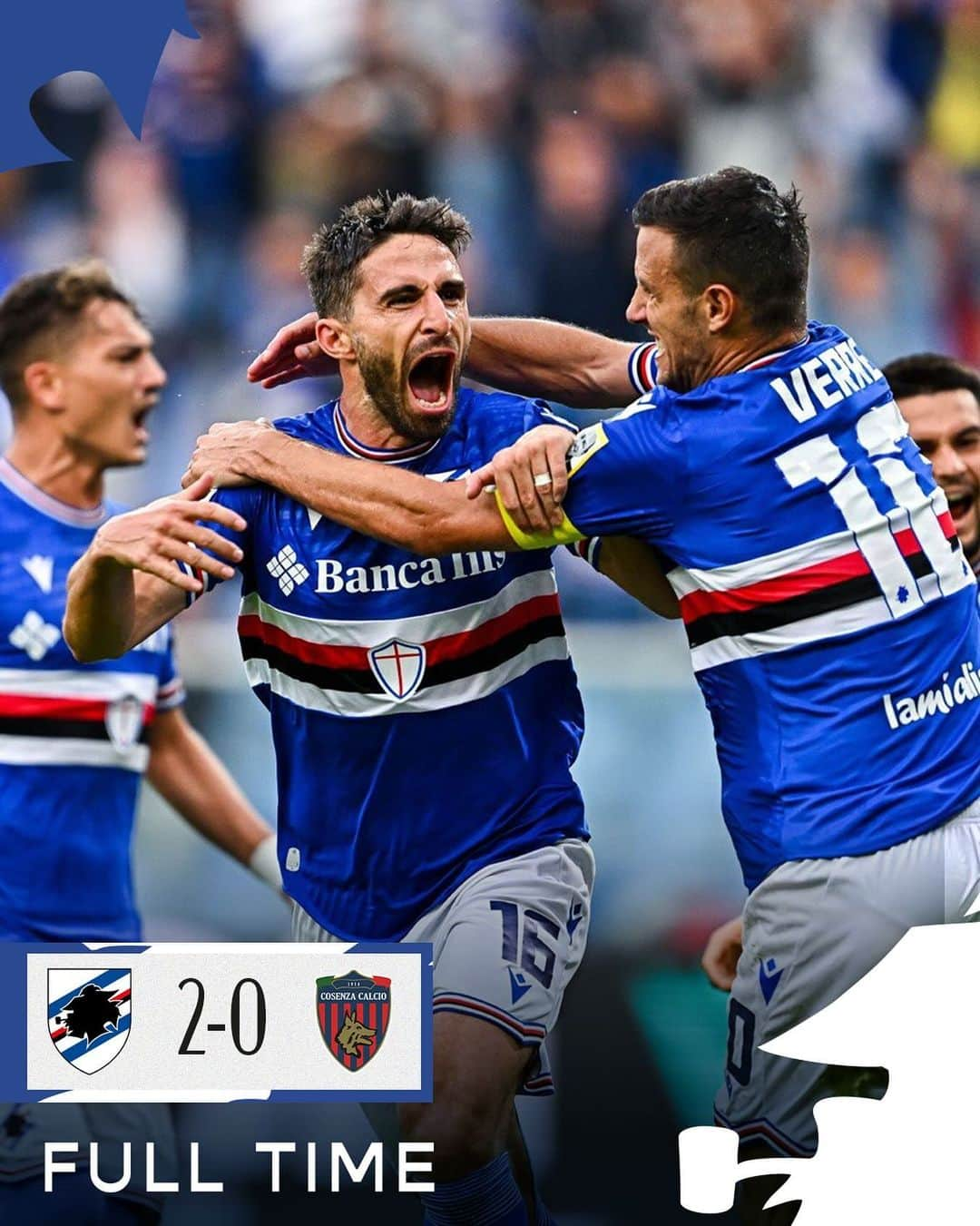 UCサンプドリアのインスタグラム：「⏹ FULL TIME   Torniamo a VINCERE al "Ferraris"! 💙  #SampCosenza 2-0 | #SerieBKT  #PerSemprePaolo  #ForzaDoria 🔵⚪️🔴⚫️⚪️🔵」