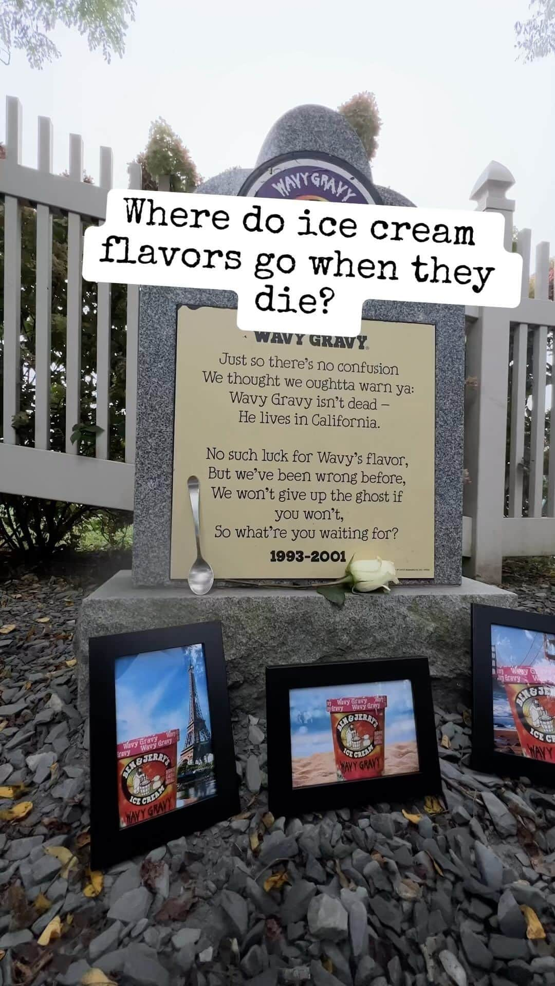 Ben & Jerry'sのインスタグラム：「Yes, you can actually visit your favorite de-pinted flavors at our very real Flavor Graveyard in Waterbury, VT! #benandjerrys #flavorgraveyard #wavygravy #icecream」