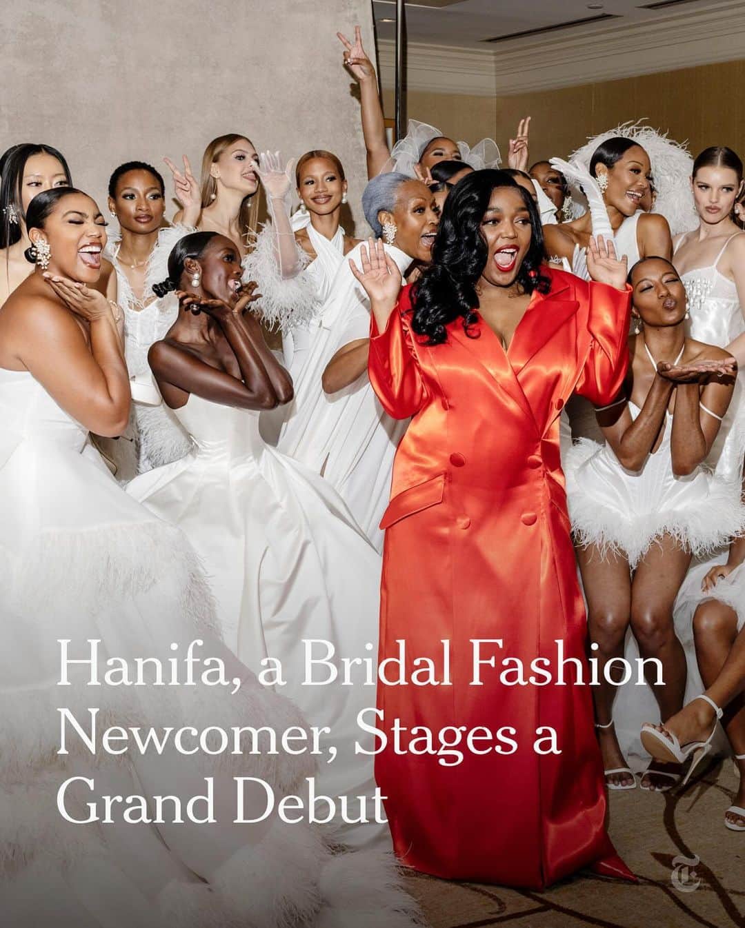 New York Times Fashionのインスタグラム：「Anifa Mvuemba, the founder of the clothing brand Hanifa, presented her first bridal collection, inspired by a luxury wedding complete with a cocktail hour and after-party in Middleburg, Virginia.  @hanifaofficial has a fervent fan base, loyal to Mvuemba’s vibrant dresses and knitwear. Now, Mvuemba is expanding into the bridal space, inadvertently closing Bridal Fashion Week, which took place Oct. 10-12 in New York. She presented her debut collection outdoors at the Salamander Resort and Spa, a Black-owned, women-owned luxury resort.  The event was set up like a wedding, all that was missing was a ring exchange. Women in matching pink custom Hanifa jumpsuits greeted guests, many of whom were dressed in cocktail attire from Hanifa’s previous collections.  See more from the show at the link in our bio. Photos by @jasoncandrew」