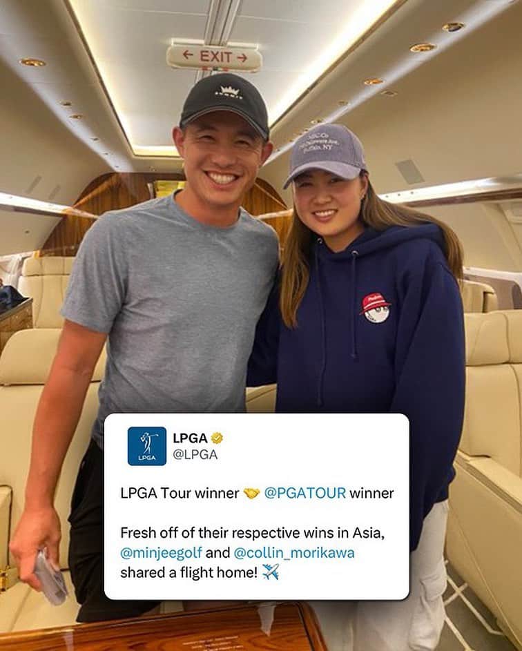 チョン・インジのインスタグラム：「@collin_morikawa and @minjee27 shared a ride back to America after productive trips to Japan and South Korea. 💼🏆  📸 @lpga_tour」
