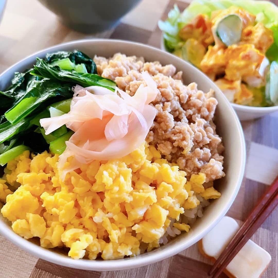 トテンのインスタグラム：「三食丼と、赤皮かぼちゃのサラダ。 緑色はターサイを買ってきました。緑が濃くて肉厚でクセがなく、調理がしやすいところも好きです👍🏻 レンジ加熱した赤皮かぼちゃは、加熱後も水分が飛びすぎでパサつくということもなく、しっとり甘いサラダになりました🎃←絵文字で思い出したけどハロウィンを意識した献立ではありません…🤣」