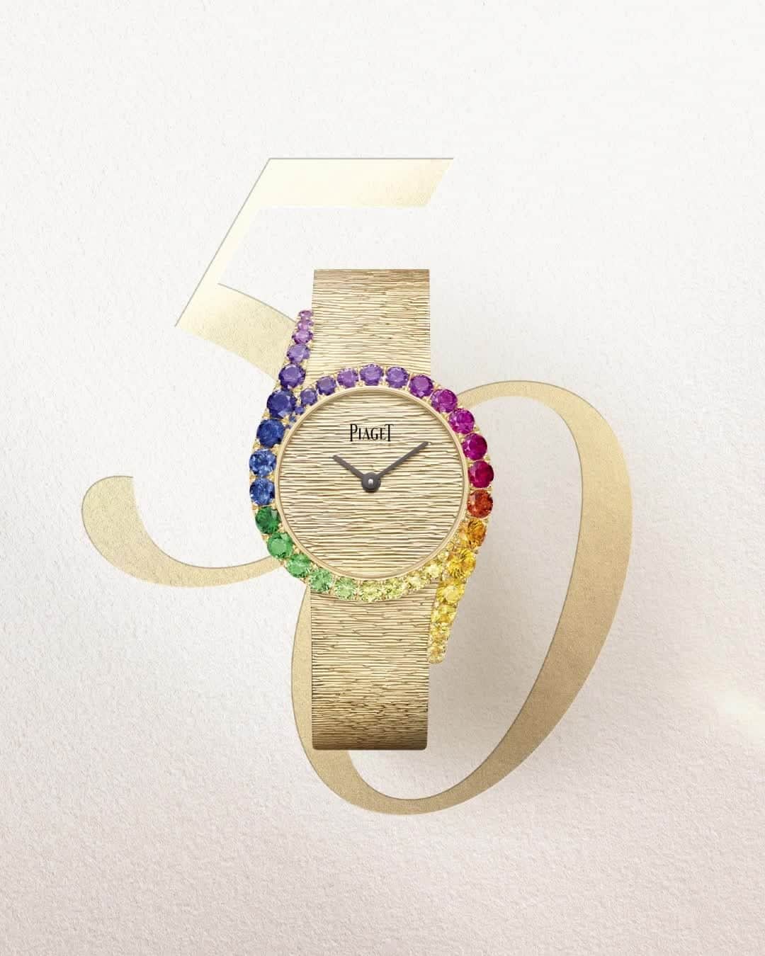 ピアジェのインスタグラム：「Celebrating its 50th anniversary, the design of the iconic Limelight Gala shines brighter than ever, reminiscent of the audacious creativity of Piaget’s past.  From 1969 to 1973, Piaget pioneered a series of watches that inaugurated an era of extravagant, hybrid elegance: the “Collection du XXIème siècle”, marrying high jewelry-making and high-watchmaking savoir-faire, gave life to high horology-masterpieces whose brilliance still dazzles half a decade later.  #Piaget #MaisonOfExtraleganza #LimelightGala #Gold #PalaceDecor」