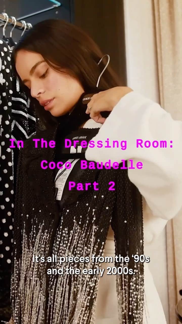 Bergdorf Goodmanのインスタグラム：「IN THE DRESSING ROOM 🤍 To mark the opening of their new shop at Bergdorf Goodman, @giorgioarmani has curated the Archive collection, featuring ultra-glam samples from the mid-1990’s to the early 2000’s (think sequins, chic tailoring and red-carpet looks galore). Here, filmmaker and fashion muse @cocobaudelle tries on her favorite pieces from the capsule, which you’ll find exclusively at Bergdorf Goodman.」