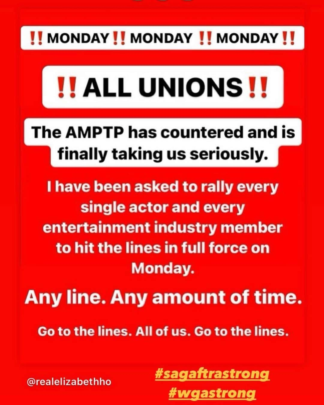 コンスタンス・マリーのインスタグラム：「Let’s show up in NUMBERS TO BIG TO IGNORE!!! ✨ MONDAY!!! ✨✊🏽✊🏻✊🏿✊🏽✊✨ Let’s show them: WE ARE UNION! #SagAftraStrong WE KNOW OUR WORTH!!! ✨💪🏾💪💪🏻💪🏽💪🏿💪🏻✨ We can’t stop, Won’t stop, Until we get a fair wage! Not only for us, but for future generations of actors!!! #ONEDAYLONGEROneDaySTRONGER #FORyou #Fyp @sagaftra #Repost @johnortiz718 #Repost @realelizabethho」