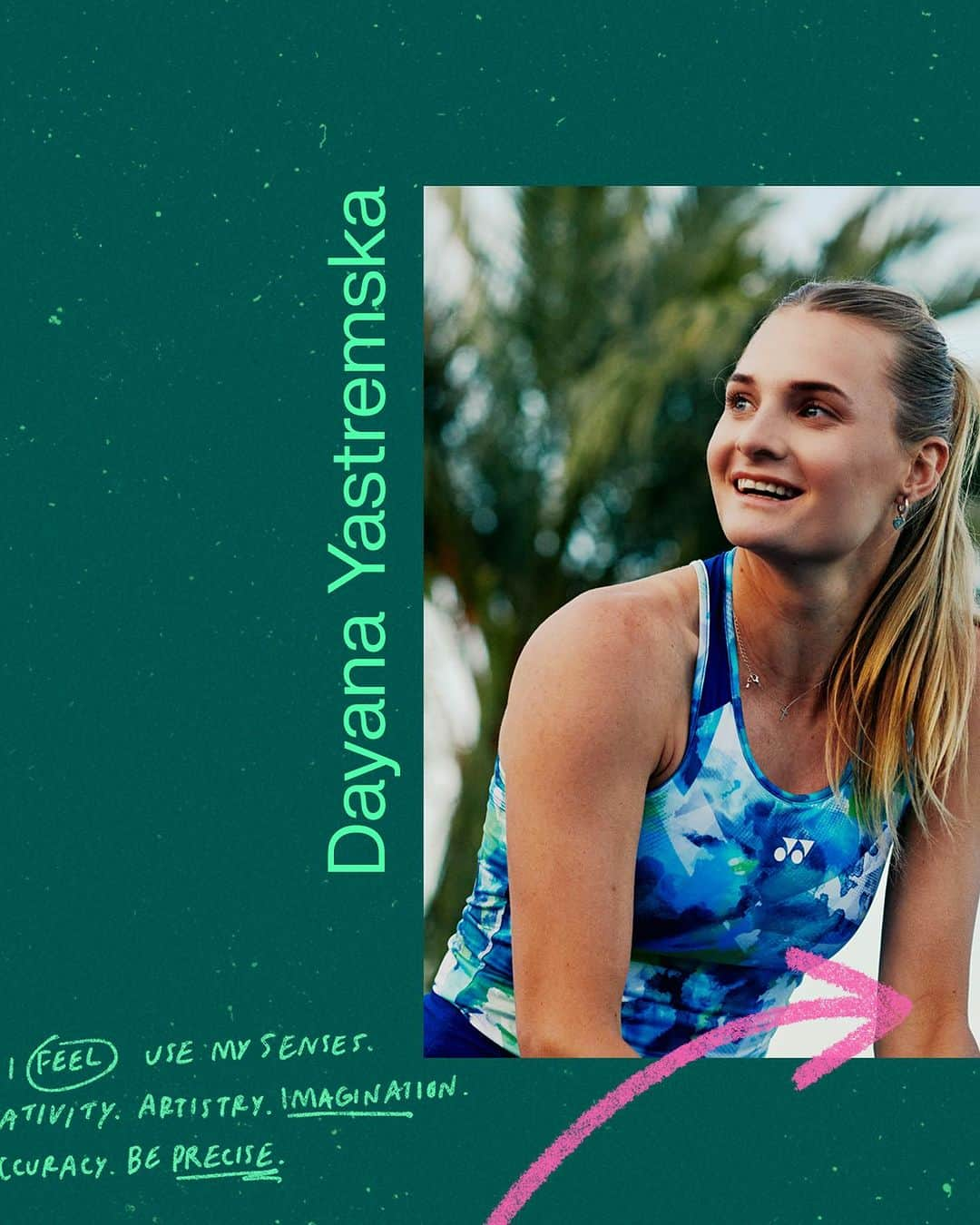 ダヤナ・ヤストレムスカのインスタグラム：「🎤On-court with @dayana_yastremskay   Engage your imagination, to create your own distinct game on-court. #PERCEPT #PerceiveControlCreate」