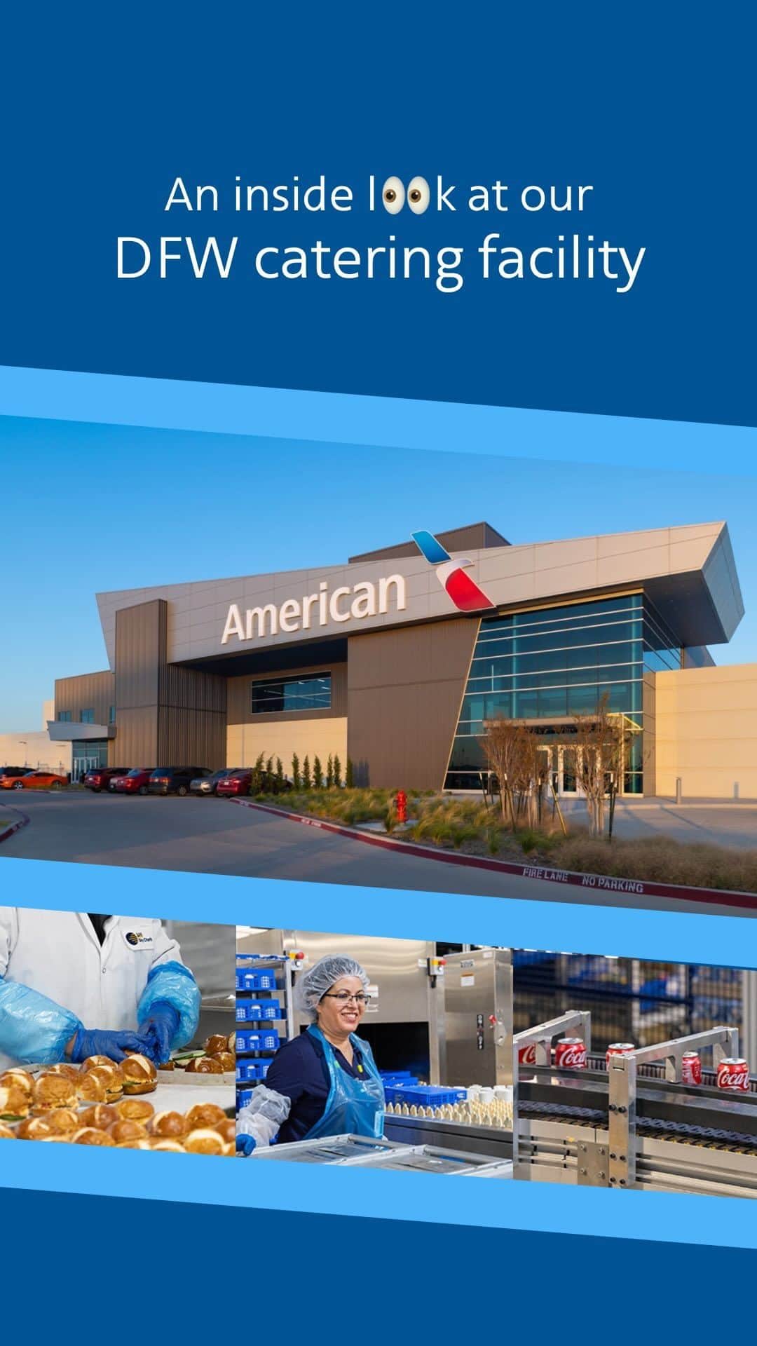 アメリカン航空のインスタグラム：「Take off on a culinary and technological adventure with a behind-the-scenes look inside American’s new state-of-the-art catering kitchen at @dfwairport. ✈️ 👨‍🍳」