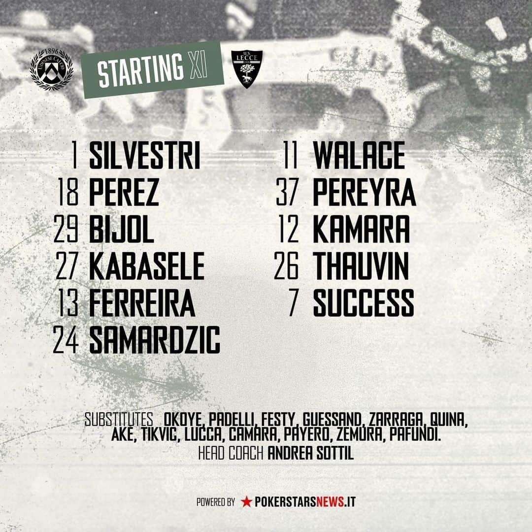 ウディネーゼ・カルチョのインスタグラム：「Starting XI 🙌  🔜 #UdineseLecce   Powered by @pokerstarsnews   ⚪️⚫️ #ForzaUdinese #AlèUdin #WePlayForU」