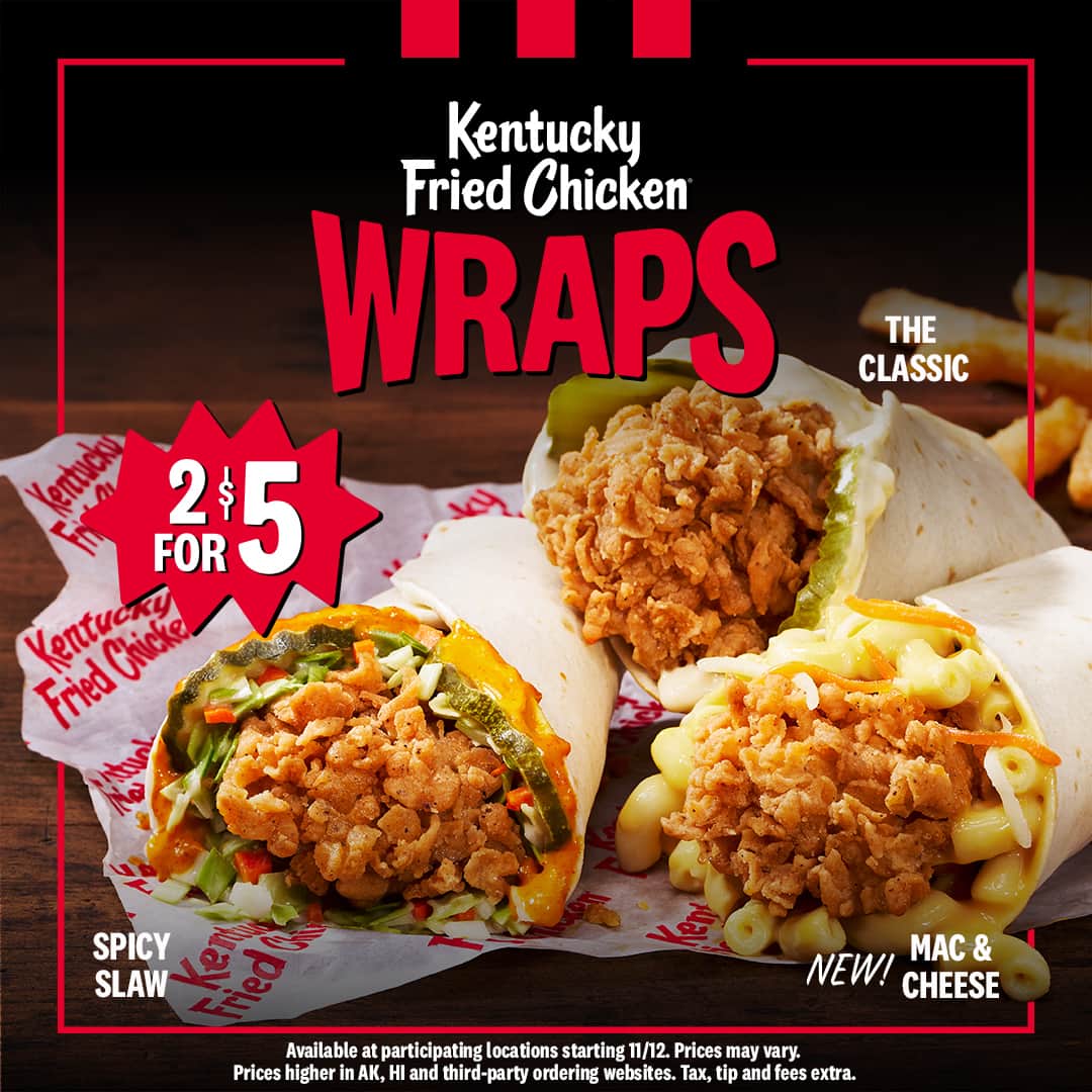ケンタッキーフライドチキンのインスタグラム：「2 for $5 KFC Wraps are making their return, starting November 12th! Choose from old favs Classic and Spicy Slaw, or try the NEW Mac & Cheese Chicken Wrap.」