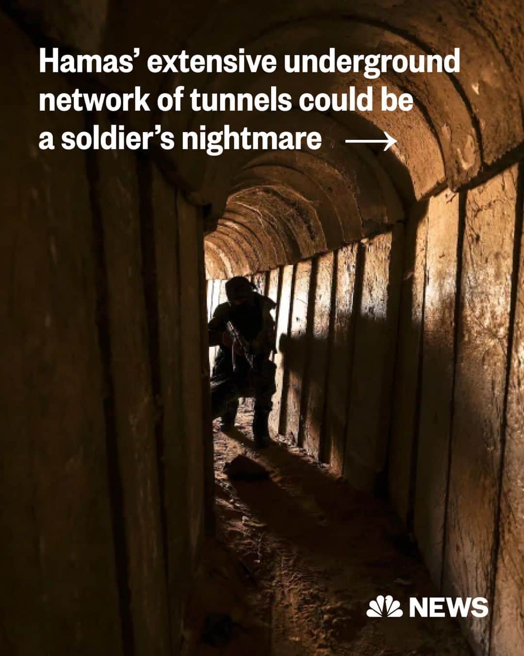 NBC Newsのインスタグラム：「Military experts say Hamas’ extensive underground warren of tunnels could be a soldier’s nightmare and caution against sending any inside the stuffy, narrow passages, which are low on oxygen but full of twists and turns.  “It’s like being underwater,” retired U.S. Army Lt. Gen. Mark Schwartz says.  Many of the high-tech advantages Israel enjoys above ground disappear when soldiers go underground.  Regular night vision goggles don’t work, communication among the IDF tunnel combatants is highly limited, and soldiers must bring their own oxygen supplies, respirators and chemical protective masks.  Read more at the link in bio.  📷️ Mahmud Hams / AFP via Getty Images ; Ilia Yefimovich / picture alliance via Getty Images ; AP file」