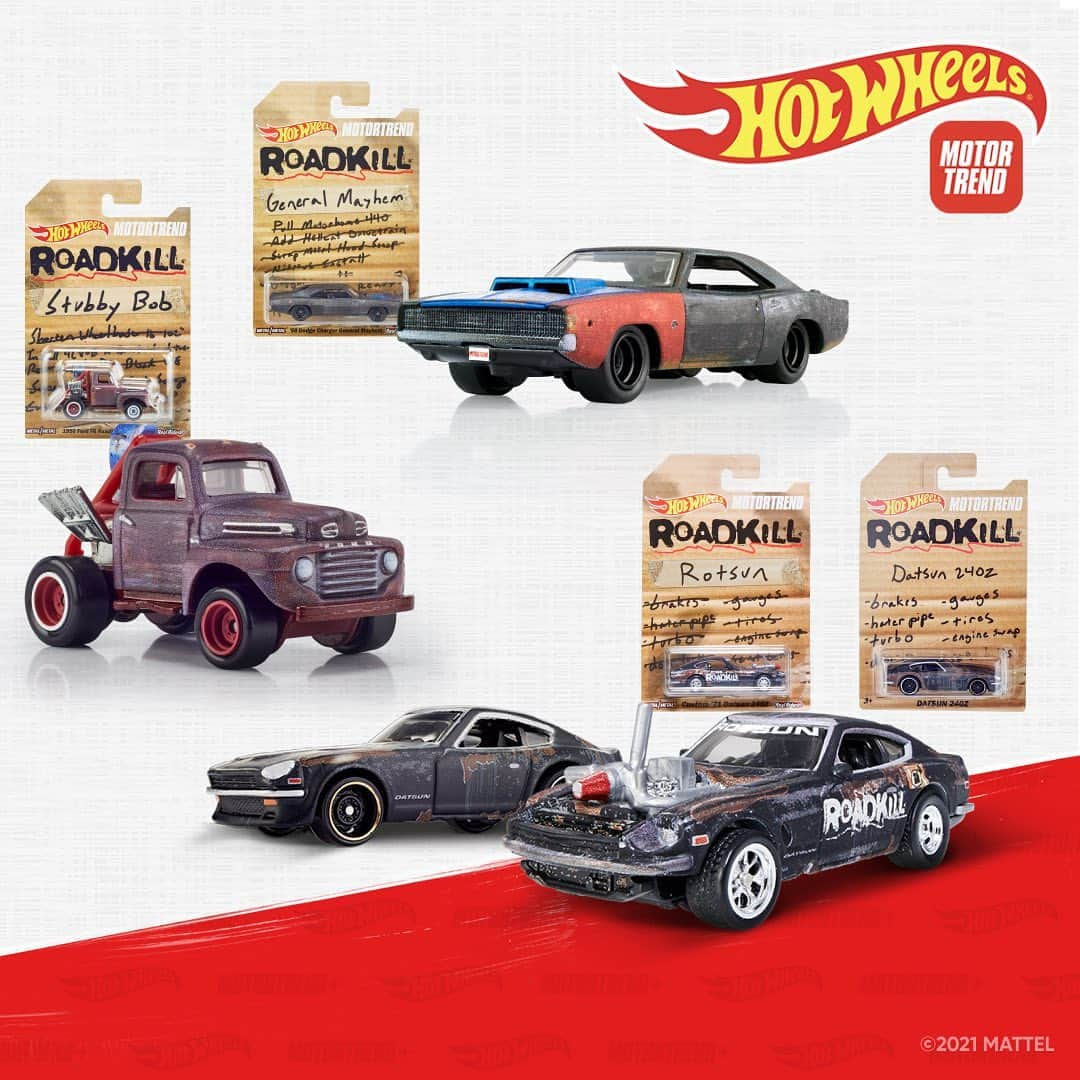 Hot Wheelsのインスタグラム：「DON’T MISS OUT!  Enter the Hot Wheels Roadkill Stubby Bob Sweepstakes for a chance to win an autographed Roadkill 4-pack brought to you by @MotorTrend and @RoadkillShow. No purchase necessary, entry period running from 10/23 to 10/29.  For more information, visit: https://bit.ly/3Qsxuqf」