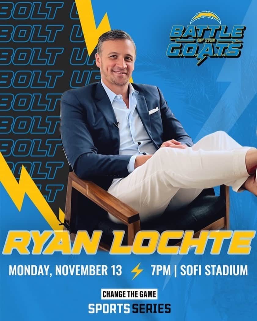ライアン・ロクテのインスタグラム：「Excited to be a part of the @chargers and @ctgseries 2nd annual “Battle of the Goats”! Look forward to getting out at @sofistadium on Monday November 13th with so many great people!! Get your tickets now at chargers.com 🔥」