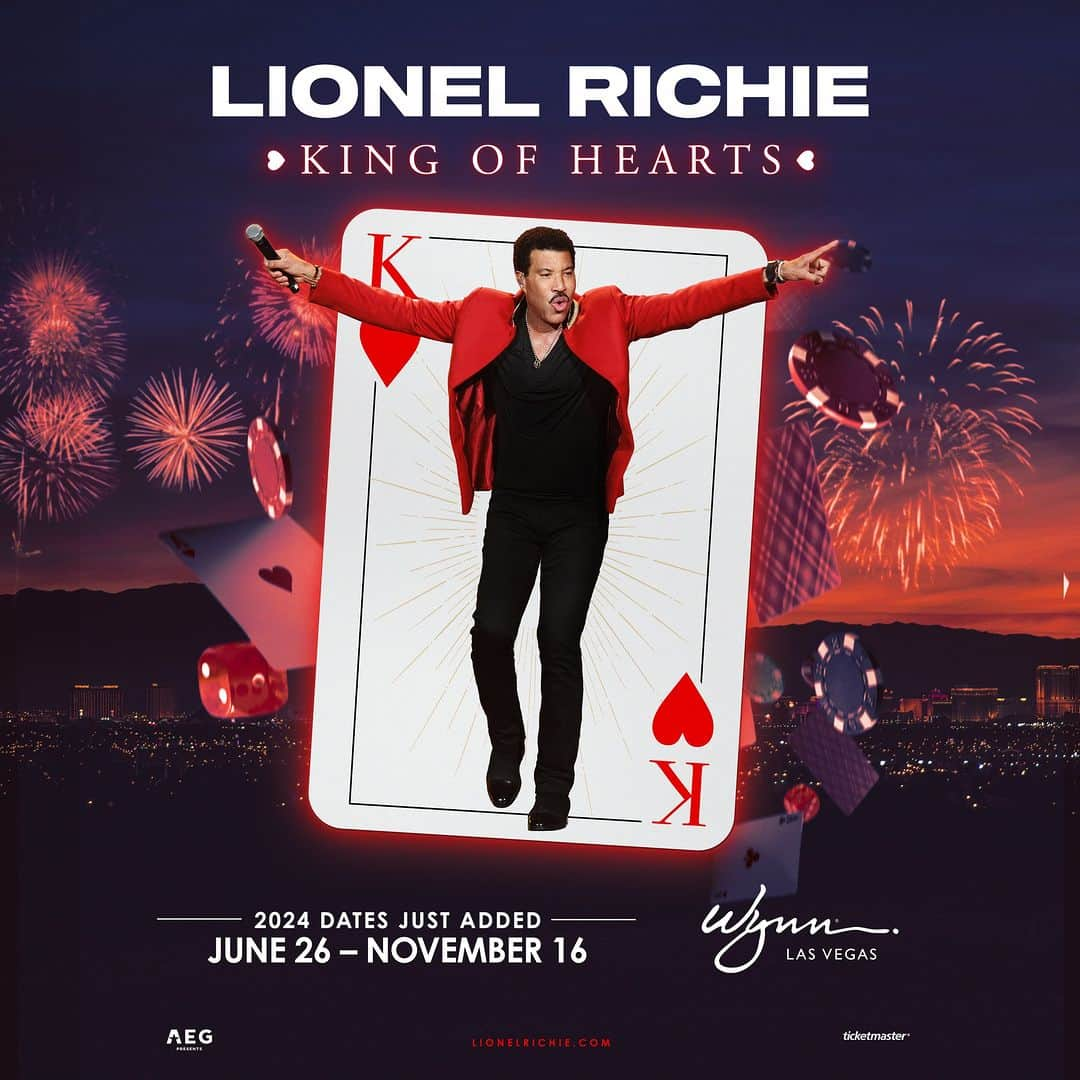 ライオネル・リッチーのインスタグラム：「JUST ANNOUNCED: Lionel Richie: King of Hearts at the Encore Theater at @wynnlasvegas has been extended into 2024!  🎟️ Link to get tickets in my bio 🎟️   VIP Experience Packages and general tickets are on sale now!  VIP Packages include:  - Premium upfront seating (including the first row) - Special on-stage photo opportunity with Lionel’s piano - Exclusive collectable merch package curated by Lionel - VIP venue entry and check-in」