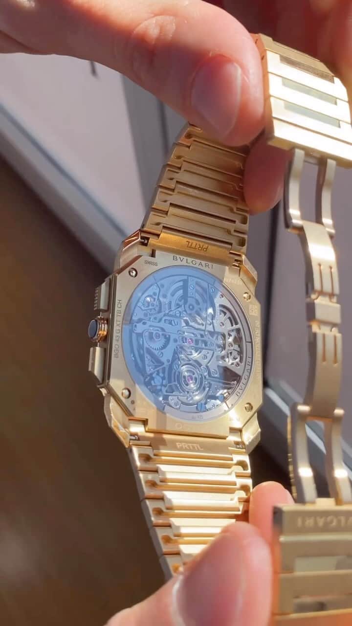 Daily Watchのインスタグラム：「Up close with the Bulgari Octo Finissimo 🔍👀 This is the full gold skeleton chronograph tourbillon version. Video by @munich_watch_lover」