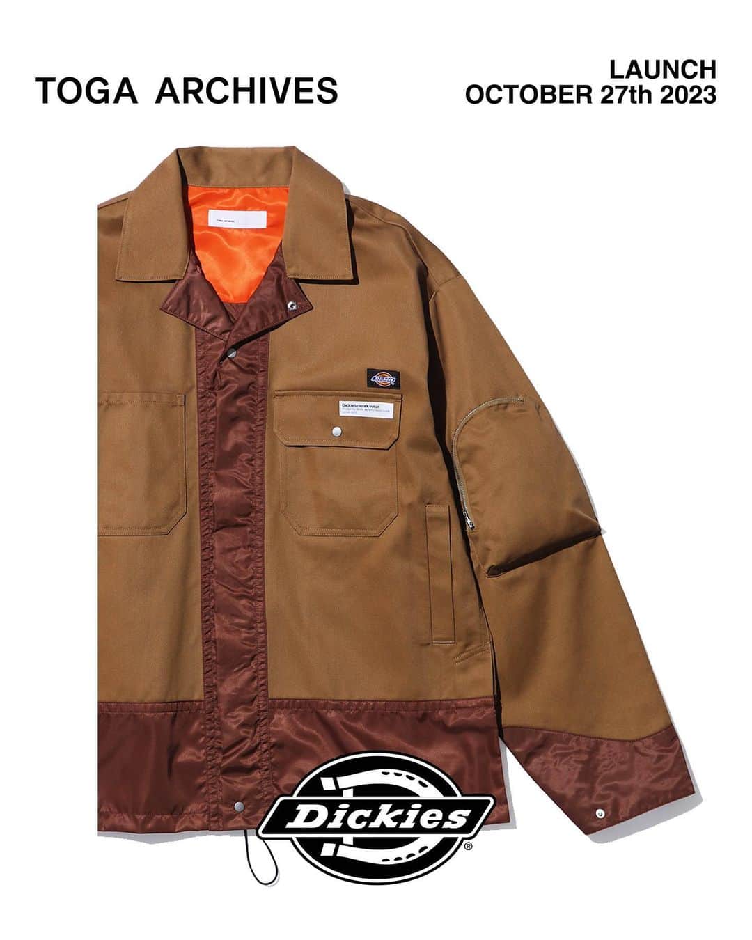 のインスタグラム：「10月27(金)11:00AMより TOGA × Dickiesを発売致します。  ※TOGA ISETAN SHINJUKU店は10月25日(水)10:00AMより店頭、並びにオンラインストアにて先行発売致します。  TOGA × Dickies collaboration will launch on Friday 27th of October 11:00AM JST.  ※Will be available at TOGA ISETAN SHINJUKU store and online store on Wednesday 25th of October 10:00AM.  【Pleats skirt Dickies】 color: brown, light blue, black size: XS,S,M price: 39,600 yen (36,000 before-tax)  【Flare pants Dickies】 color: brown, light blue, black size: XS, S, M, L, XL price: 33,000 yen (30,000 before-tax)  【Jumpsuit Dickies SP】 color: brown, green, black size: S, M, L, XL price: 64,900 yen (59,000 before-tax)  【Work blouson Dickies】 color: brown, light blue, black size: S, M, L, XL price: 53,900 yen (49,000 before-tax)  【STORES】 TOGA HARAJUKU TOGA SHIBUYA PARCO TOGA ISETAN SHINJUKU*10/25(Fri) store and online. TOGA OSAKA TOGA HANKYU UMEDA  TOGA KANAZAWA TOGA ONLINE STORE TOGA RAKUTEN FASHION  @togaarchives_online https://store.toga.jp/  @dickies_jp   #toga #togaarchives #dickies」
