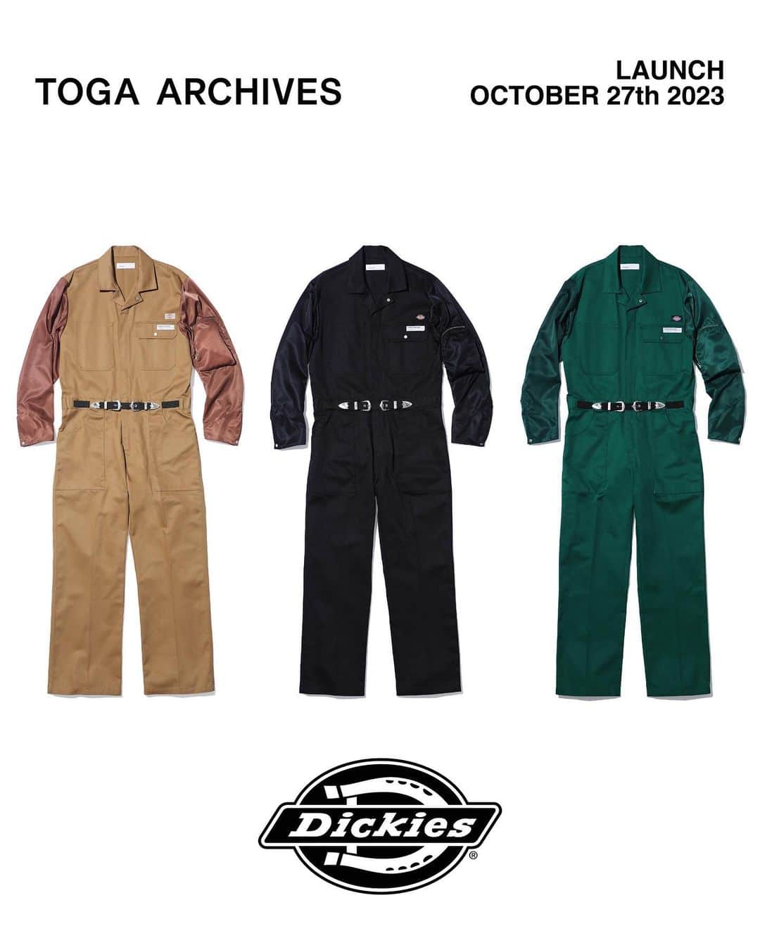のインスタグラム：「10月27(金)11:00AMより TOGA × Dickiesを発売致します。  ※TOGA ISETAN SHINJUKU店は10月25日(水)10:00AMより店頭、並びにオンラインストアにて先行発売致します。  TOGA × Dickies collaboration will launch on Friday 27th of October 11:00AM JST.  ※Will be available at TOGA ISETAN SHINJUKU store and online store on Wednesday 25th of October 10:00AM.  【Pleats skirt Dickies】 color: brown, light blue, black size: XS,S,M price: 39,600 yen (36,000 before-tax)  【Flare pants Dickies】 color: brown, light blue, black size: XS, S, M, L, XL price: 33,000 yen (30,000 before-tax)  【Jumpsuit Dickies SP】 color: brown, green, black size: S, M, L, XL price: 64,900 yen (59,000 before-tax)  【Work blouson Dickies】 color: brown, light blue, black size: S, M, L, XL price: 53,900 yen (49,000 before-tax)  【STORES】 TOGA HARAJUKU TOGA SHIBUYA PARCO TOGA ISETAN SHINJUKU*10/25(Fri) store and online. TOGA OSAKA TOGA HANKYU UMEDA  TOGA KANAZAWA TOGA ONLINE STORE TOGA RAKUTEN FASHION  @togaarchives_online https://store.toga.jp/  @dickies_jp   #toga #togaarchives #dickies」