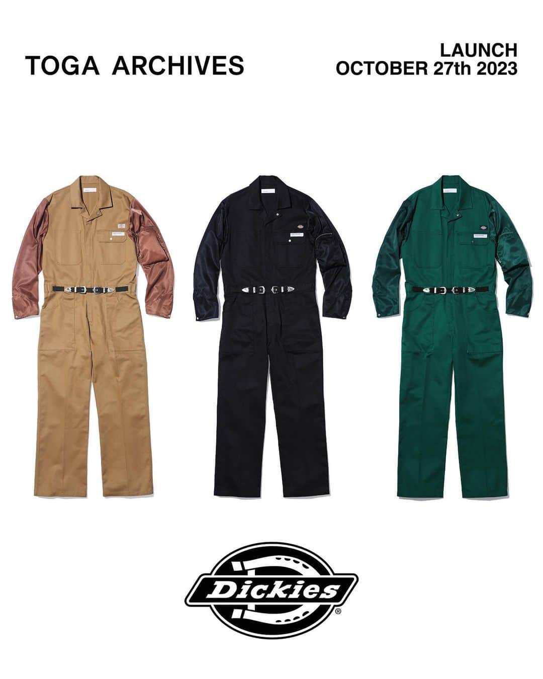 TOGAのインスタグラム：「10月27(金)11:00AMより TOGA × Dickiesを発売致します。  ※TOGA ISETAN SHINJUKU店は10月25日(水)10:00AMより店頭、並びにオンラインストアにて先行発売致します。  TOGA × Dickies collaboration will launch on Friday 27th of October 11:00AM JST.  ※Will be available at TOGA ISETAN SHINJUKU store and online store on Wednesday 25th of October 10:00AM.  【Pleats skirt Dickies】 color: brown, light blue, black size: XS,S,M price: 39,600 yen (36,000 before-tax)  【Flare pants Dickies】 color: brown, light blue, black size: XS, S, M, L, XL price: 33,000 yen (30,000 before-tax)  【Jumpsuit Dickies SP】 color: brown, green, black size: S, M, L, XL price: 64,900 yen (59,000 before-tax)  【Work blouson Dickies】 color: brown, light blue, black size: S, M, L, XL price: 53,900 yen (49,000 before-tax)  【STORES】 TOGA HARAJUKU TOGA SHIBUYA PARCO TOGA ISETAN SHINJUKU*10/25(Fri) store and online. TOGA OSAKA TOGA HANKYU UMEDA  TOGA KANAZAWA TOGA ONLINE STORE TOGA RAKUTEN FASHION  @togaarchives_online https://store.toga.jp/  @dickies_jp   #toga #togaarchives #dickies」