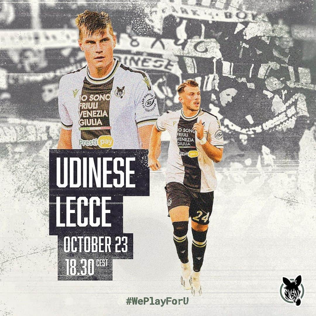 ウディネーゼ・カルチョのインスタグラム：「MATCHDAY 🙌  🗓️ lunedì 23 ottobre 2023  ⏰ 18:30 CEST 🏟️ #BluenergyStadium  🏆#SerieATIM 📲 #UdineseLecce  📺 @dazn_it   We Play For U!   ⚪️⚫️ #ForzaUdinese #AlèUdin #Udinese」