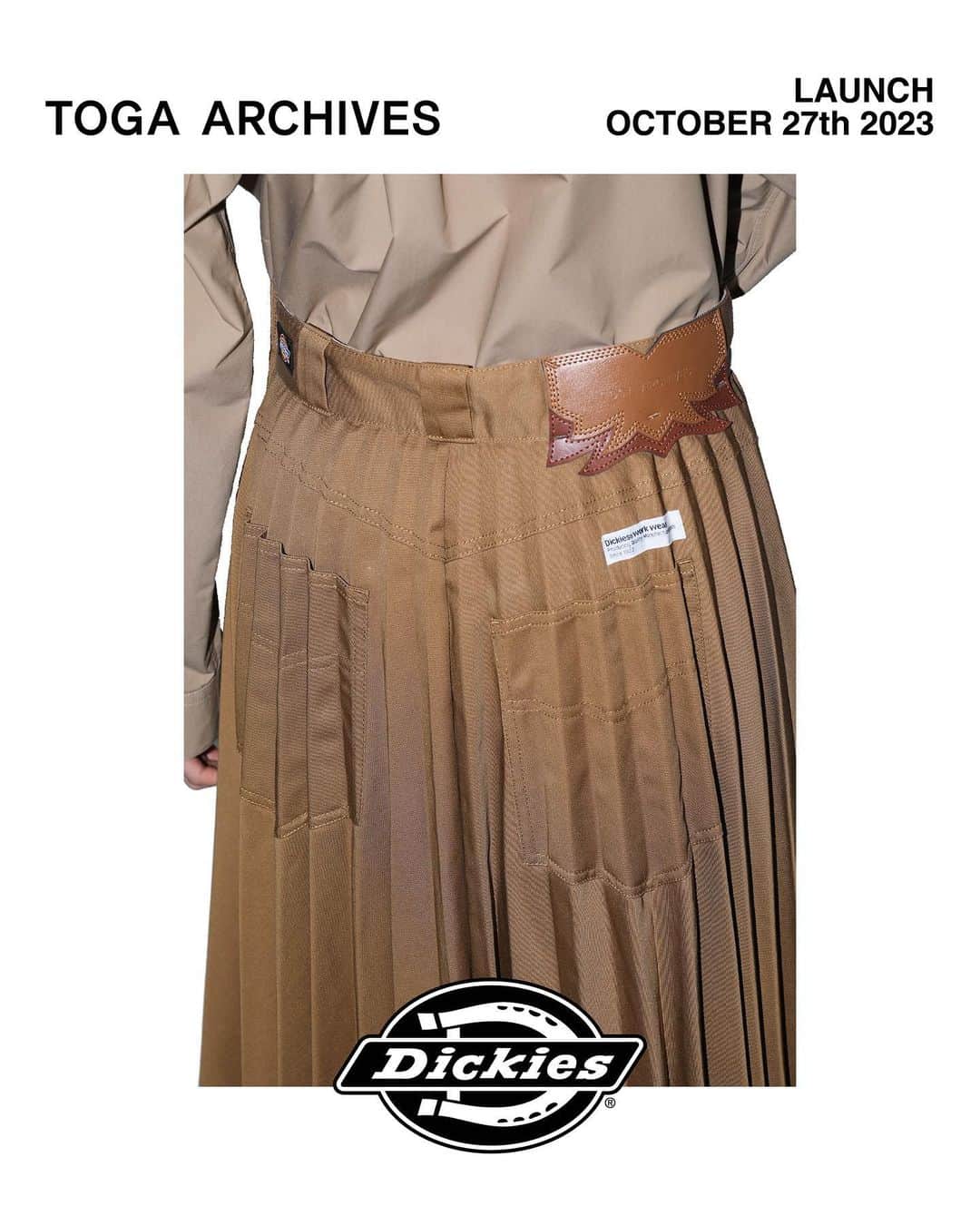 のインスタグラム：「10月27(金)11:00AMより TOGA × Dickiesを発売致します。  ※TOGA ISETAN SHINJUKU店は10月25日(水)10:00AMより店頭、並びにオンラインストアにて先行発売致します。  TOGA × Dickies collaboration will launch on Friday 27th of October 11:00AM JST.  ※Will be available at TOGA ISETAN SHINJUKU store and online store on Wednesday 25th of October 10:00AM.  【Pleats skirt Dickies】 color: brown, light blue, black size: XS,S,M price: 39,600 yen (36,000 before-tax)  【Flare pants Dickies】 color: brown, light blue, black size: XS, S, M, L, XL price: 33,000 yen (30,000 before-tax)  【Jumpsuit Dickies SP】 color: brown, green, black size: S, M, L, XL price: 64,900 yen (59,000 before-tax)  【Work blouson Dickies】 color: brown, light blue, black size: S, M, L, XL price: 53,900 yen (49,000 before-tax)  【STORES】 TOGA HARAJUKU TOGA SHIBUYA PARCO TOGA ISETAN SHINJUKU*10/25(Fri) store and online. TOGA OSAKA TOGA HANKYU UMEDA  TOGA KANAZAWA TOGA ONLINE STORE TOGA RAKUTEN FASHION  @togaarchives_online https://store.toga.jp/  @dickies_jp   #toga #togaarchives #dickies」