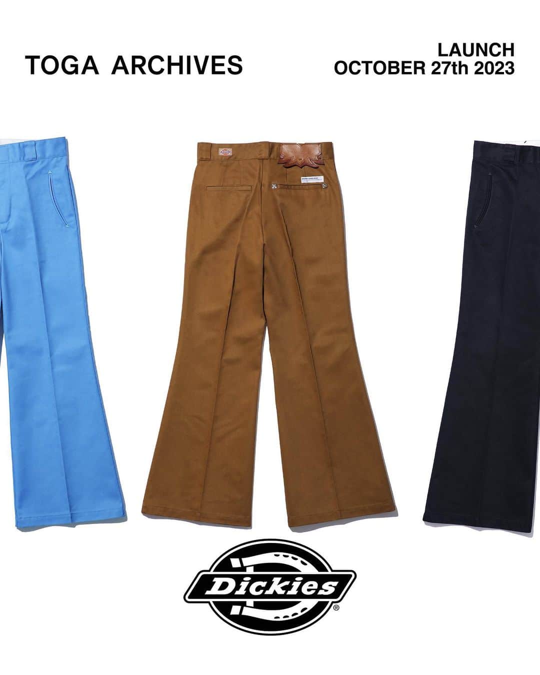 TOGAのインスタグラム：「10月27(金)11:00AMより TOGA × Dickiesを発売致します。  ※TOGA ISETAN SHINJUKU店は10月25日(水)10:00AMより店頭、並びにオンラインストアにて先行発売致します。  TOGA × Dickies collaboration will launch on Friday 27th of October 11:00AM JST.  ※Will be available at TOGA ISETAN SHINJUKU store and online store on Wednesday 25th of October 10:00AM.  【Pleats skirt Dickies】 color: brown, light blue, black size: XS,S,M price: 39,600 yen (36,000 before-tax)  【Flare pants Dickies】 color: brown, light blue, black size: XS, S, M, L, XL price: 33,000 yen (30,000 before-tax)  【Jumpsuit Dickies SP】 color: brown, green, black size: S, M, L, XL price: 64,900 yen (59,000 before-tax)  【Work blouson Dickies】 color: brown, light blue, black size: S, M, L, XL price: 53,900 yen (49,000 before-tax)  【STORES】 TOGA HARAJUKU TOGA SHIBUYA PARCO TOGA ISETAN SHINJUKU*10/25(Fri) store and online. TOGA OSAKA TOGA HANKYU UMEDA  TOGA KANAZAWA TOGA ONLINE STORE TOGA RAKUTEN FASHION  @togaarchives_online https://store.toga.jp/  @dickies_jp   #toga #togaarchives #dickies」