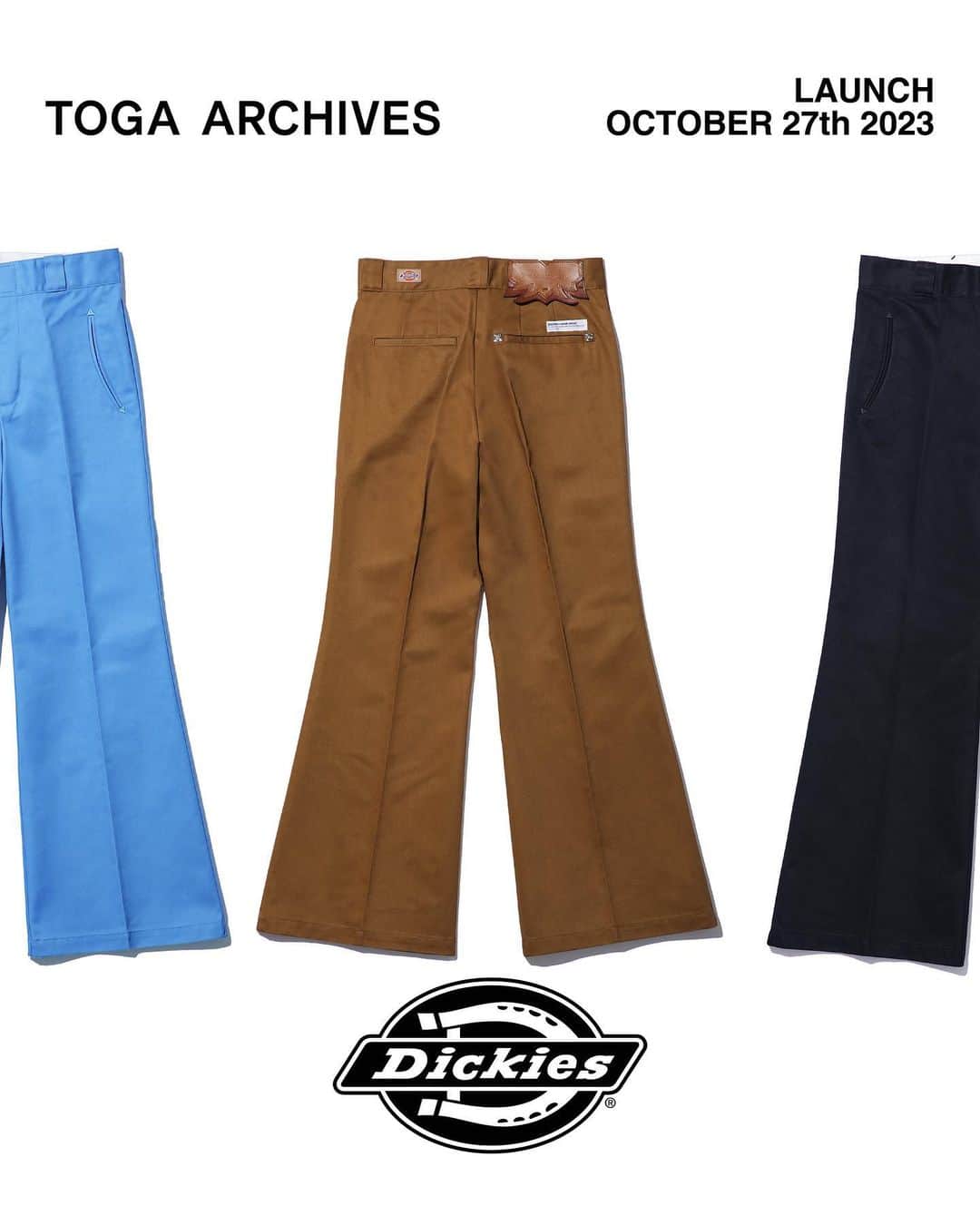 のインスタグラム：「10月27(金)11:00AMより TOGA × Dickiesを発売致します。  ※TOGA ISETAN SHINJUKU店は10月25日(水)10:00AMより店頭、並びにオンラインストアにて先行発売致します。  TOGA × Dickies collaboration will launch on Friday 27th of October 11:00AM JST.  ※Will be available at TOGA ISETAN SHINJUKU store and online store on Wednesday 25th of October 10:00AM.  【Pleats skirt Dickies】 color: brown, light blue, black size: XS,S,M price: 39,600 yen (36,000 before-tax)  【Flare pants Dickies】 color: brown, light blue, black size: XS, S, M, L, XL price: 33,000 yen (30,000 before-tax)  【Jumpsuit Dickies SP】 color: brown, green, black size: S, M, L, XL price: 64,900 yen (59,000 before-tax)  【Work blouson Dickies】 color: brown, light blue, black size: S, M, L, XL price: 53,900 yen (49,000 before-tax)  【STORES】 TOGA HARAJUKU TOGA SHIBUYA PARCO TOGA ISETAN SHINJUKU*10/25(Fri) store and online. TOGA OSAKA TOGA HANKYU UMEDA  TOGA KANAZAWA TOGA ONLINE STORE TOGA RAKUTEN FASHION  @togaarchives_online https://store.toga.jp/  @dickies_jp   #toga #togaarchives #dickies」