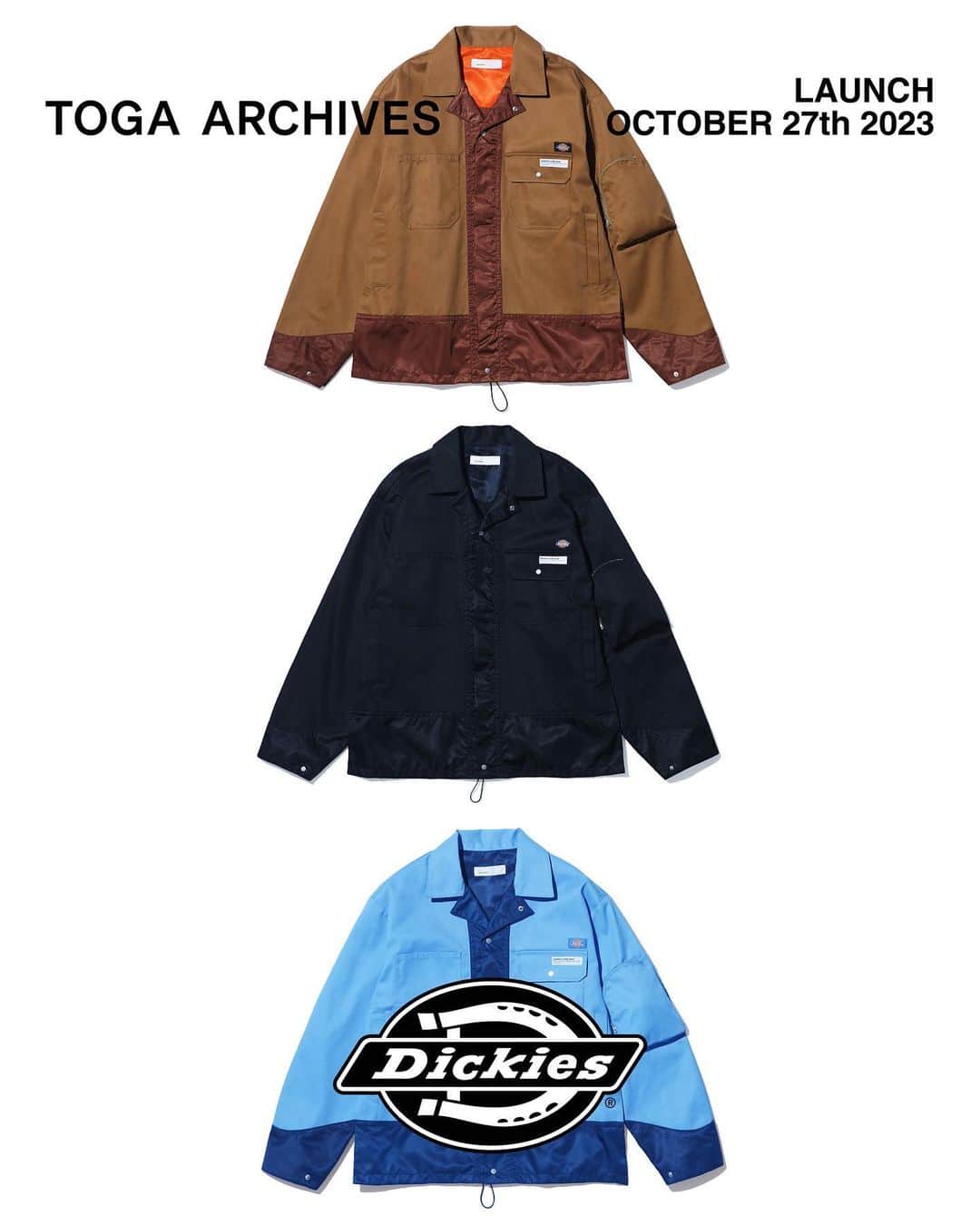 のインスタグラム：「10月27(金)11:00AMより TOGA × Dickiesを発売致します。  ※TOGA ISETAN SHINJUKU店は10月25日(水)10:00AMより店頭、並びにオンラインストアにて先行発売致します。  TOGA × Dickies collaboration will launch on Friday 27th of October 11:00AM JST.  ※Will be available at TOGA ISETAN SHINJUKU store and online store on Wednesday 25th of October 10:00AM.  【Pleats skirt Dickies】 color: brown, light blue, black size: XS,S,M price: 39,600 yen (36,000 before-tax)  【Flare pants Dickies】 color: brown, light blue, black size: XS, S, M, L, XL price: 33,000 yen (30,000 before-tax)  【Jumpsuit Dickies SP】 color: brown, green, black size: S, M, L, XL price: 64,900 yen (59,000 before-tax)  【Work blouson Dickies】 color: brown, light blue, black size: S, M, L, XL price: 53,900 yen (49,000 before-tax)  【STORES】 TOGA HARAJUKU TOGA SHIBUYA PARCO TOGA ISETAN SHINJUKU*10/25(Fri) store and online. TOGA OSAKA TOGA HANKYU UMEDA  TOGA KANAZAWA TOGA ONLINE STORE TOGA RAKUTEN FASHION  @togaarchives_online https://store.toga.jp/  @dickies_jp   #toga #togaarchives #dickies」