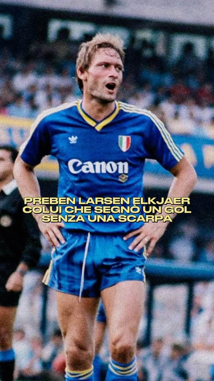 エラス・ヴェローナFCのインスタグラム：「Tra i gol più strani della storia del calcio c’è sicuramente quello del “Sindaco” Preben Larsen Elkjaer che il 14 Ottobre del 1984 con la maglia dell’ @hellasveronafc segna un fantastico gol SENZA una SCARPA 🤯  Sembra quasi un racconto magico, una favola ai limiti dell’incredibile, incredibile come quella stagione 1984-85 che terminò con la vittoria di un favoloso scudetto 💛💙  #hellasverona #HVFC #gialloblu #forzaverona #butei #bentegodi #prebenlarsenelkjaer #elkjaer」