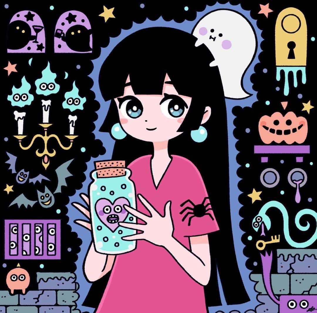 北極まぐのインスタグラム：「おひとついかが？／Would you like one?💝  #illustration #artwork #halloween」