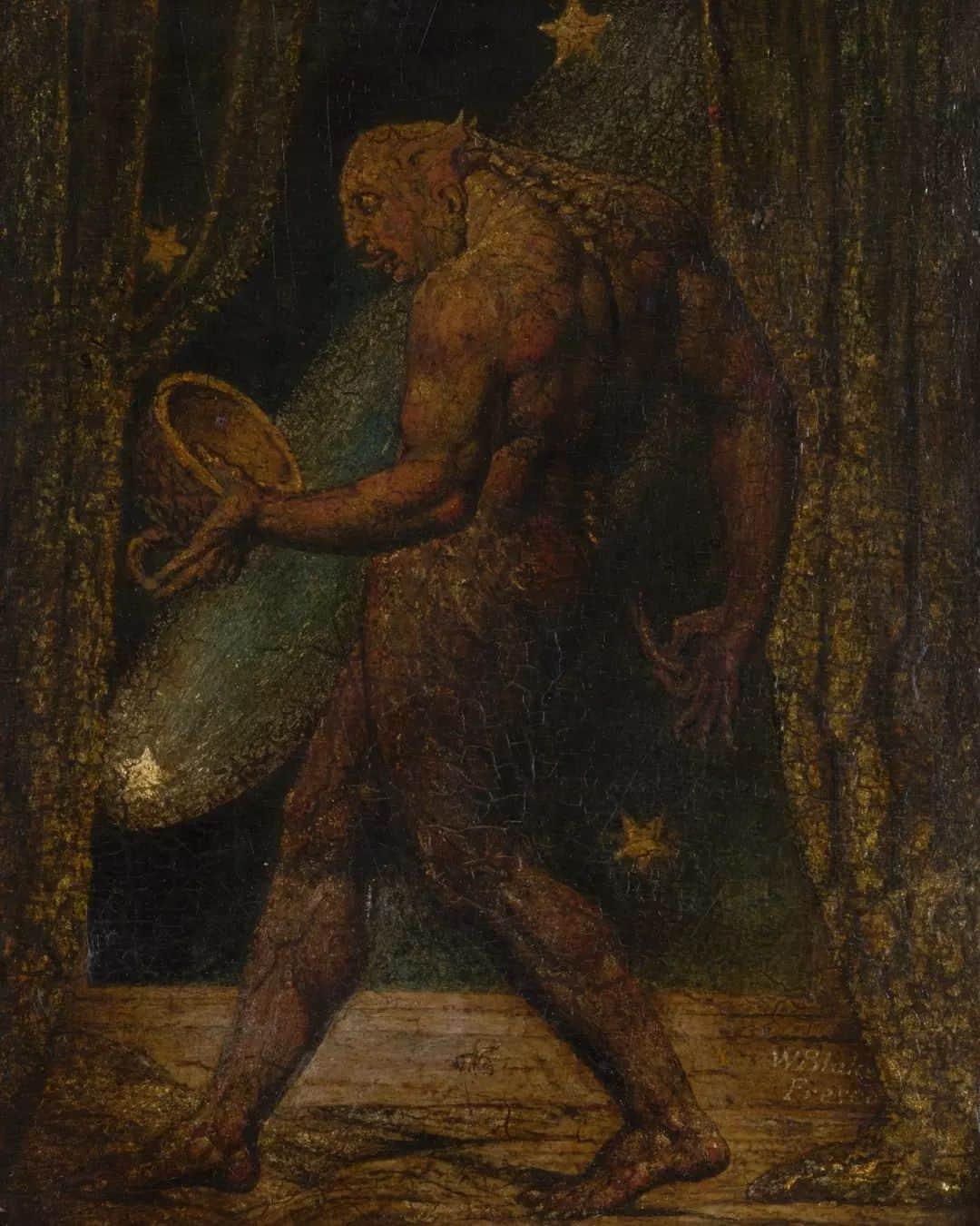テート・ギャラリーのインスタグラム：「🌃 It was during the dead of night many years ago, at 10 Great Titchfield Street, just off from Oxford Street, that William Blake and his close friend John Varley, were visited by the vision of a ghost of a flea.  The picture we see before us is of a gnarled and wretched creature, holding a cup for blood-drinking as it stares eagerly towards it. While drawing the spirit, it told Blake that all fleas were inhabited by the souls of men who were ‘by nature bloodthirsty to excess’.  On the reverse of the painting, a now almost unreadable inscription by Varley holds further knowledge of their encounter. ‘The Vision of the Spirit which inhabits the body of a Flea & which appeared to the Late Mr. Blake, the designer of the Vignettes for Blair's Grave & the Book of Job. The Vision first appeared to him in my presence & afterwards till he had finished this picture. A flea he said drew blood on this...’ The rest is indecipherable…  🩸 William Blake, The Ghost of a Flea, c.1819–20 📜 William Blake, The Head of the Ghost of a Flea, c.1819」
